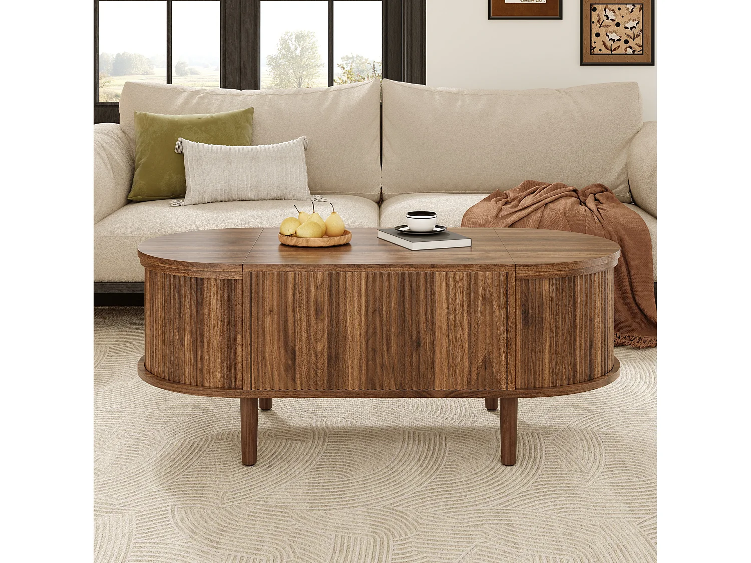 Höhenverstellbarer ovaler Beistelltisch 100x48x53,5 cm - Vintage-Stil - Stauraumtisch - MDF - Braun