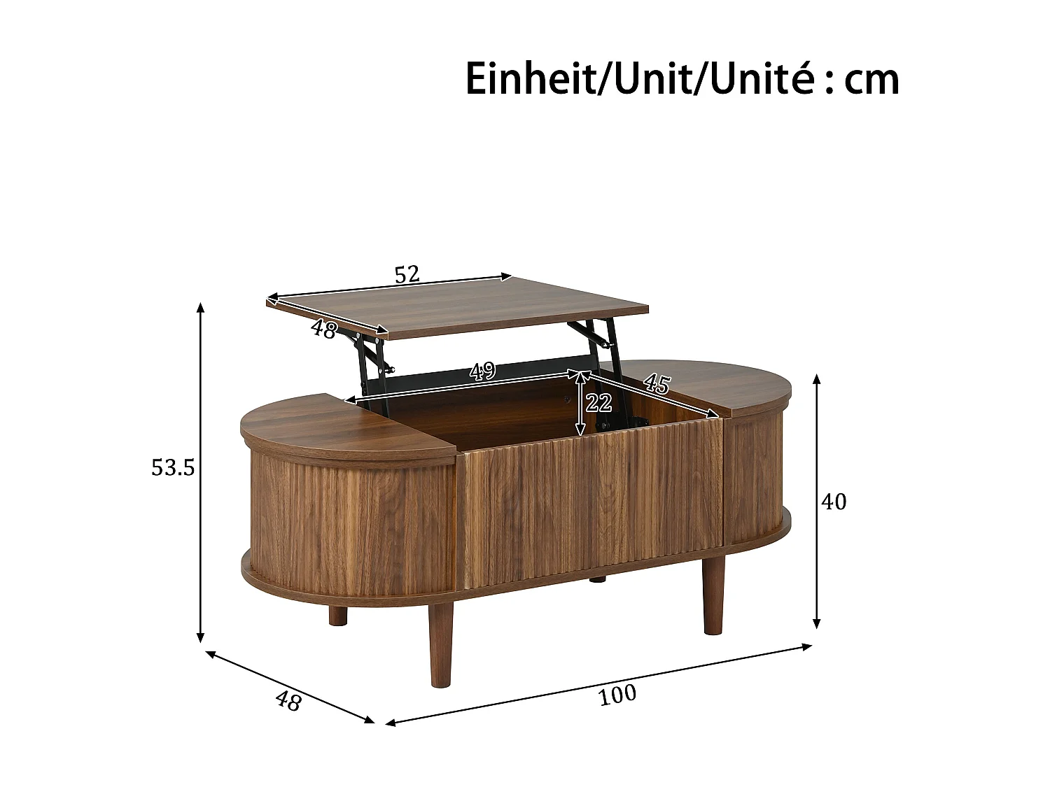 Höhenverstellbarer ovaler Beistelltisch 100x48x53,5 cm - Vintage-Stil - Stauraumtisch - MDF - Braun
