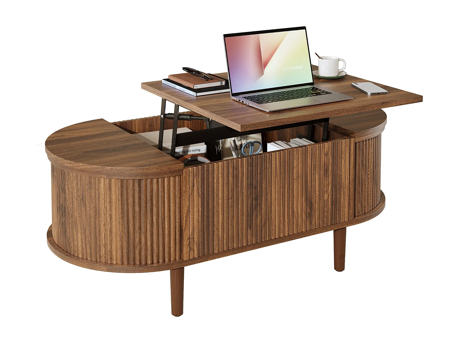 Höhenverstellbarer ovaler Beistelltisch 100x48x53,5 cm - Vintage-Stil - Stauraumtisch - MDF - Braun