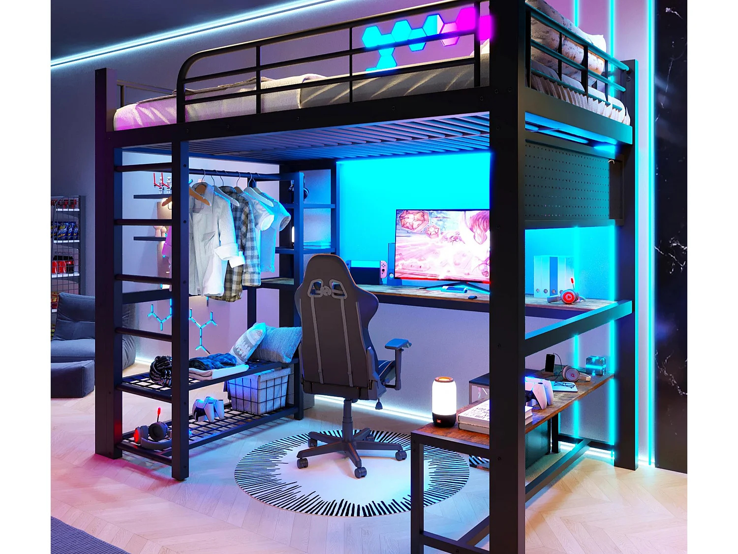 Hoogslaper 140×200 cm - Metalen frame - LED-verlichting - Ladder inbegrepen - zwart​ (matras niet inbegrepen)