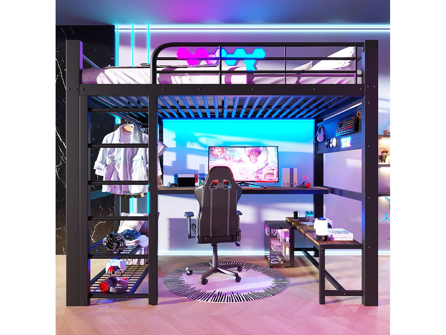 Hoogslaper 140×200 cm - Metalen frame - LED-verlichting - Ladder inbegrepen - zwart​ (matras niet inbegrepen)