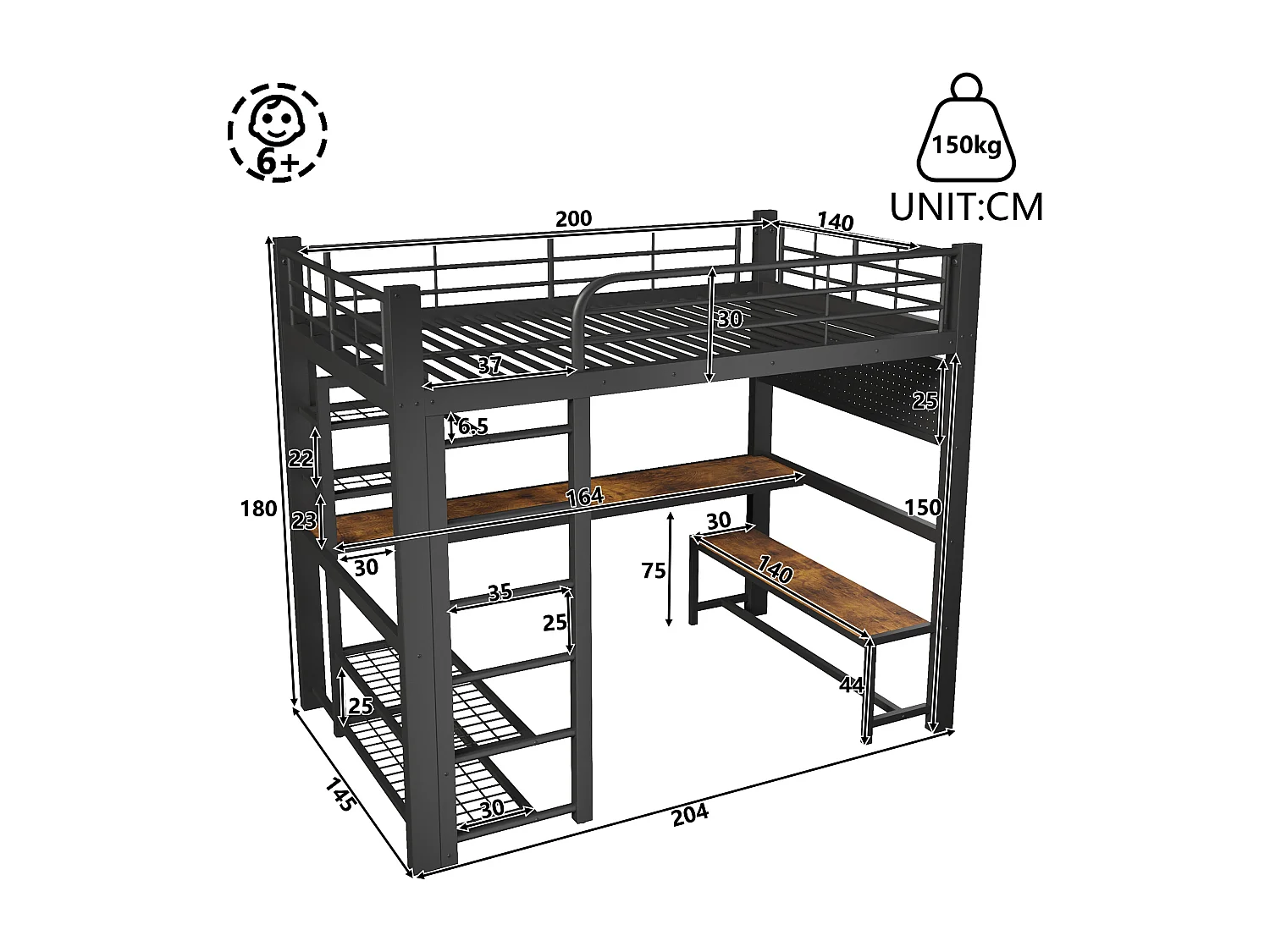 Hoogslaper 140×200 cm - Metalen frame - LED-verlichting - Ladder inbegrepen - zwart​ (matras niet inbegrepen)