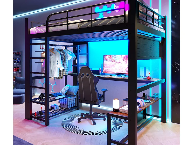 Lit mezzanine 140×200 cm - Structure métallique - Éclairage LED - Échelle incluse - noir (matelas non inclus)