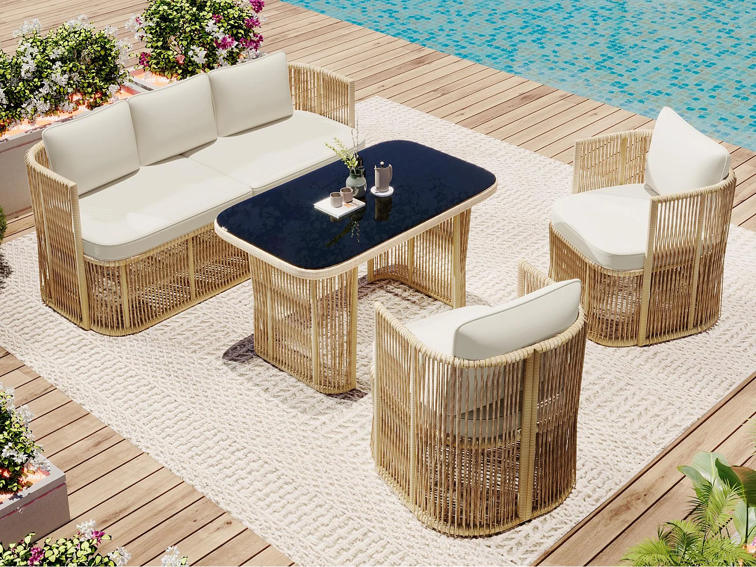 Gartenmöbel-Set aus Rattan 5-teilig - inklusive eines 3-Personen-Sofas - zwei Sessel und einen Glastisch - Natur