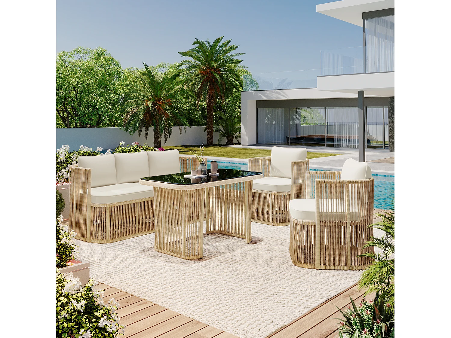 Gartenmöbel-Set aus Rattan 5-teilig - inklusive eines 3-Personen-Sofas - zwei Sessel und einen Glastisch - Natur