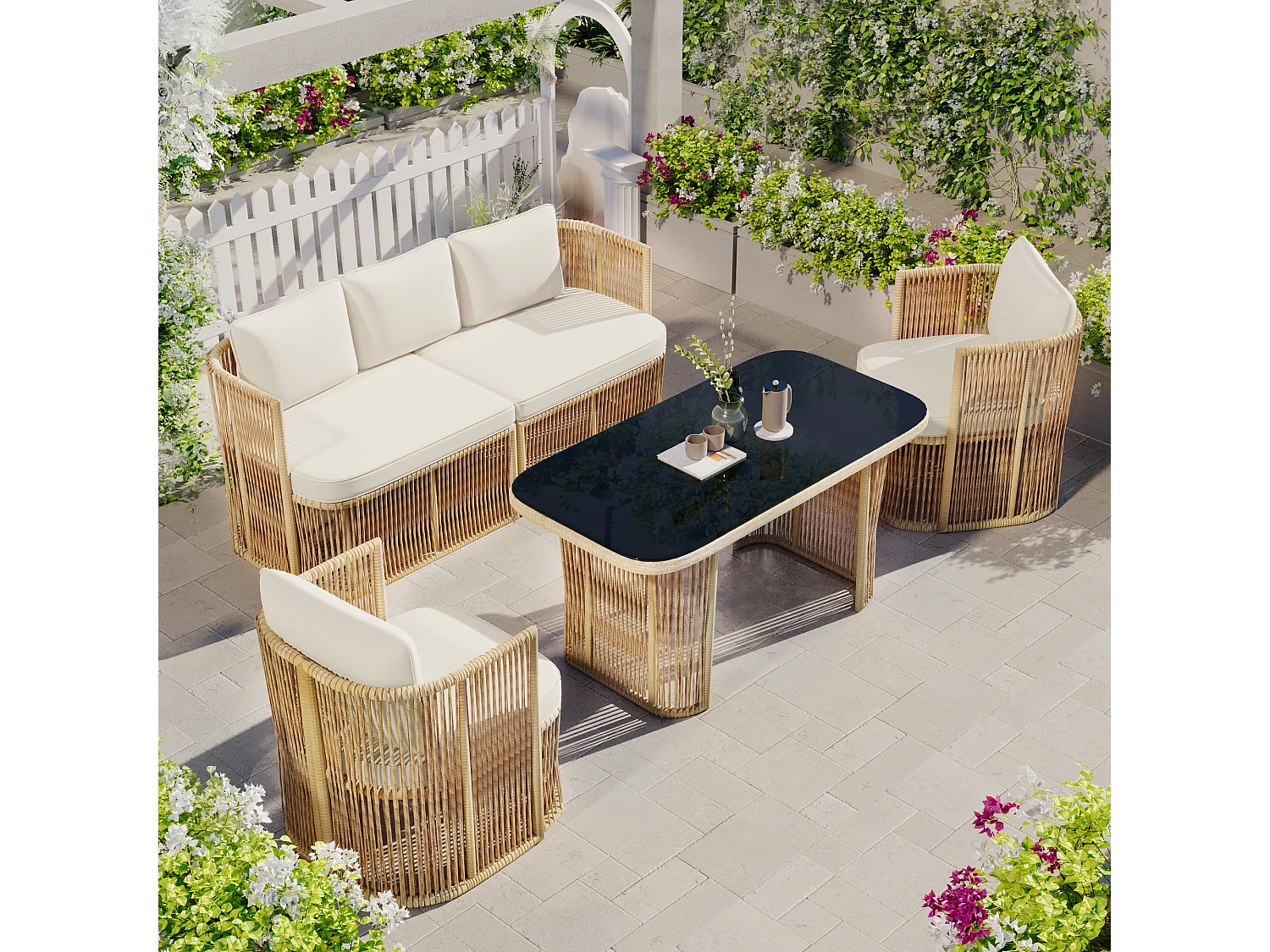 Gartenmöbel-Set aus Rattan 5-teilig - inklusive eines 3-Personen-Sofas - zwei Sessel und einen Glastisch - Natur