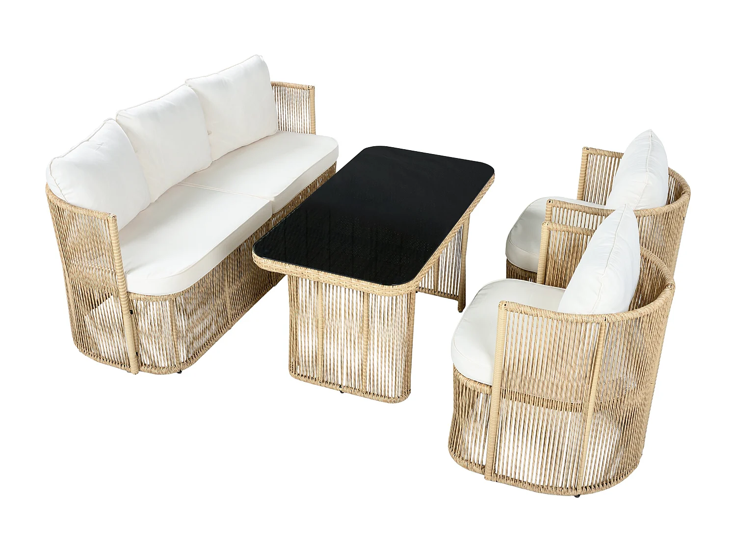 Gartenmöbel-Set aus Rattan 5-teilig - inklusive eines 3-Personen-Sofas - zwei Sessel und einen Glastisch - Natur