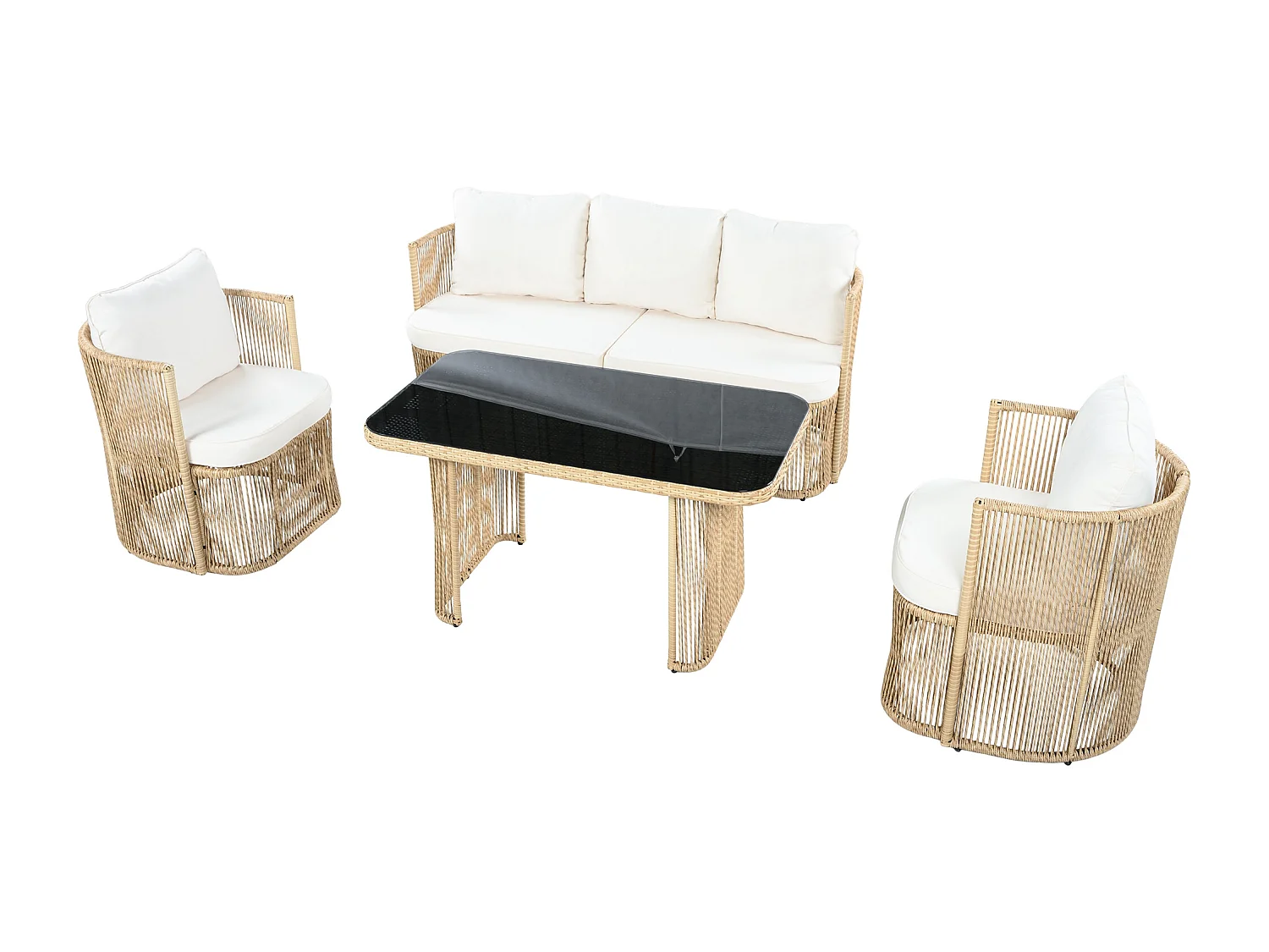 Gartenmöbel-Set aus Rattan 5-teilig - inklusive eines 3-Personen-Sofas - zwei Sessel und einen Glastisch - Natur
