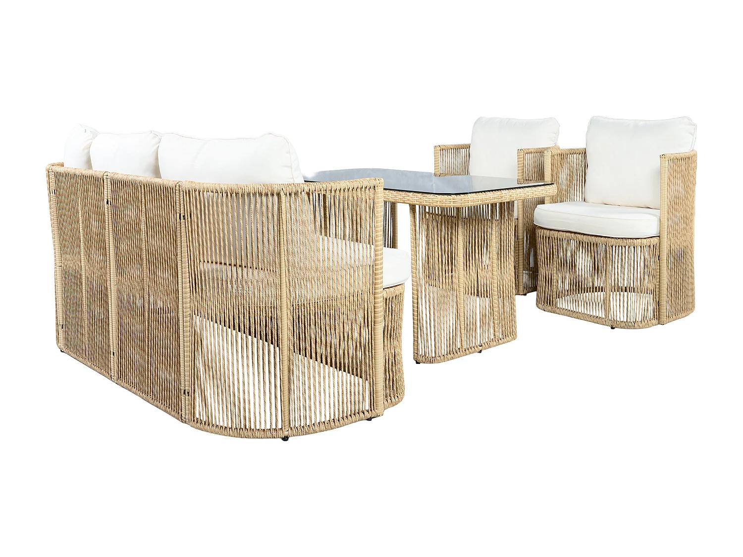 Gartenmöbel-Set aus Rattan 5-teilig - inklusive eines 3-Personen-Sofas - zwei Sessel und einen Glastisch - Natur
