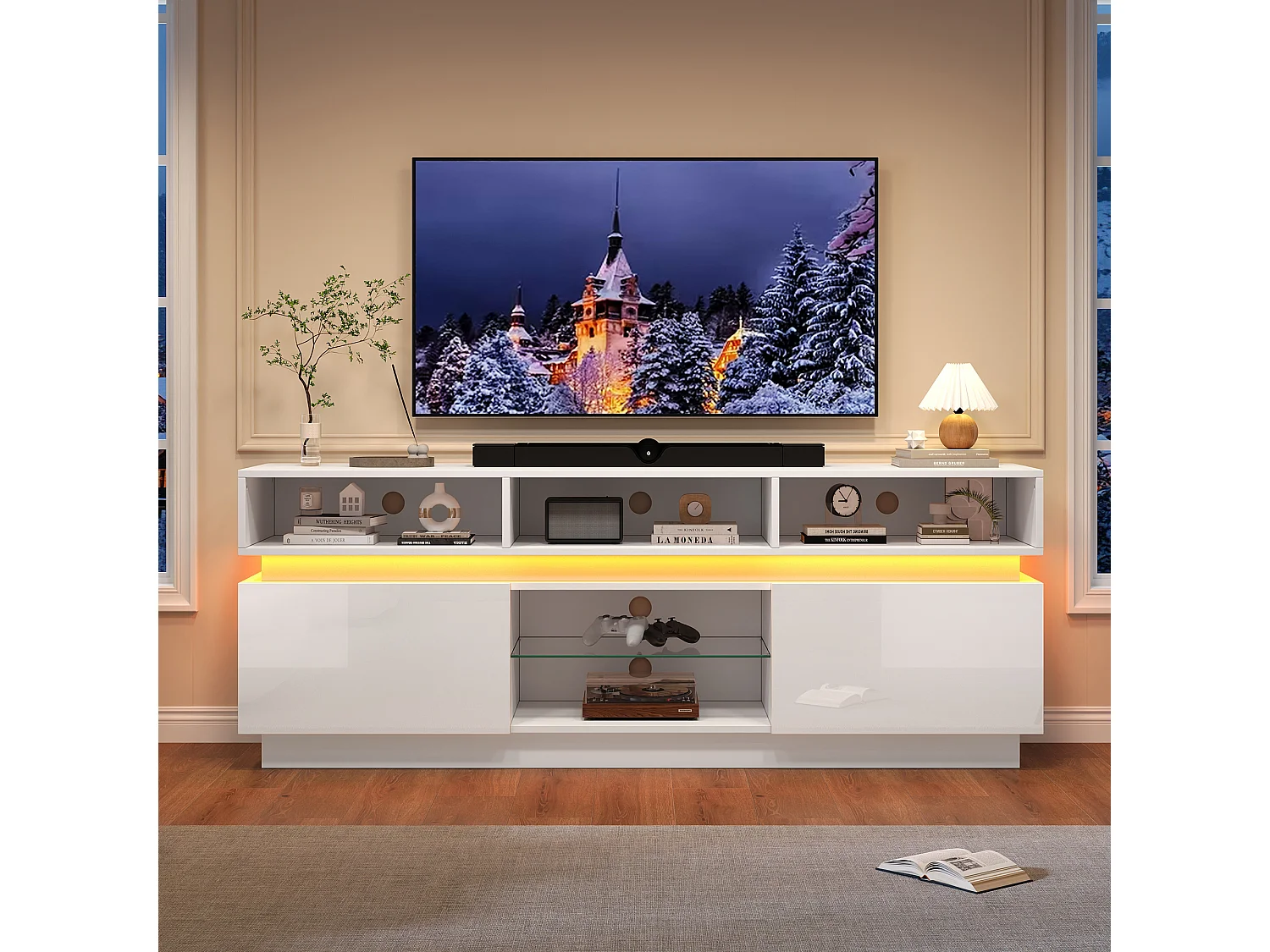 TV-Schrank 160x35x60cm mit LED-Beleuchtung - 2 Türen und Staufächer - Hochglanz-Finish - MDF - Weiß