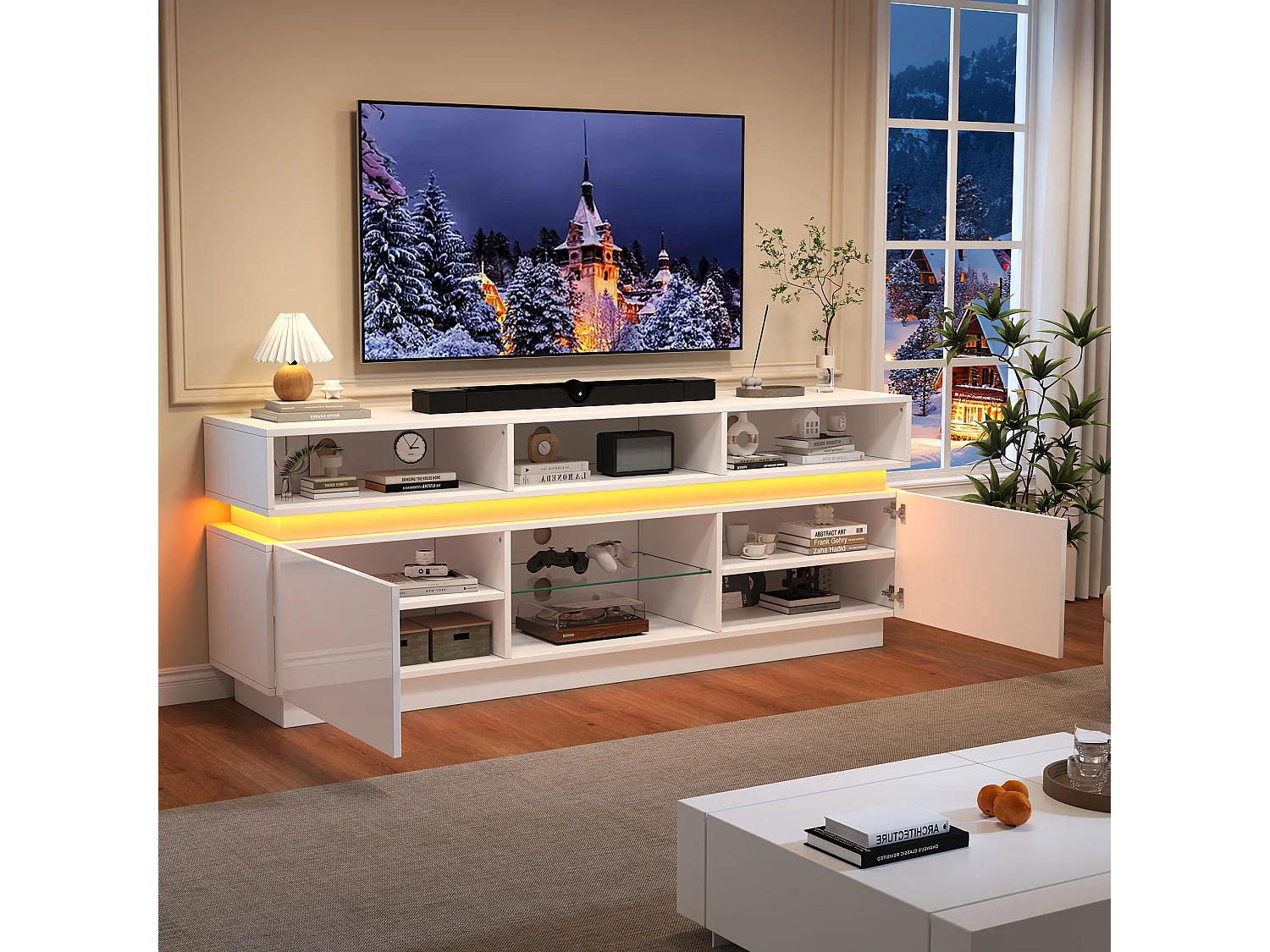 TV-Schrank 160x35x60cm mit LED-Beleuchtung - 2 Türen und Staufächer - Hochglanz-Finish - MDF - Weiß