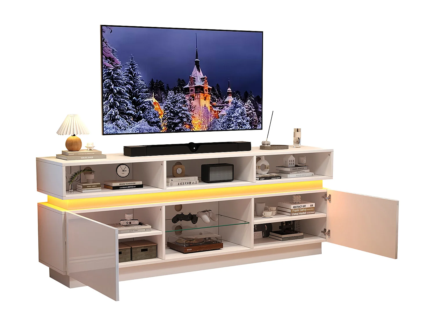 TV-Schrank 160x35x60cm mit LED-Beleuchtung - 2 Türen und Staufächer - Hochglanz-Finish - MDF - Weiß