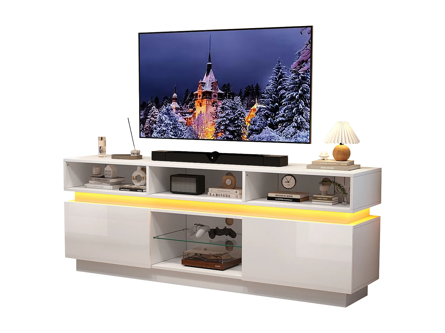 TV-Schrank 160x35x60cm mit LED-Beleuchtung - 2 Türen und Staufächer - Hochglanz-Finish - MDF - Weiß