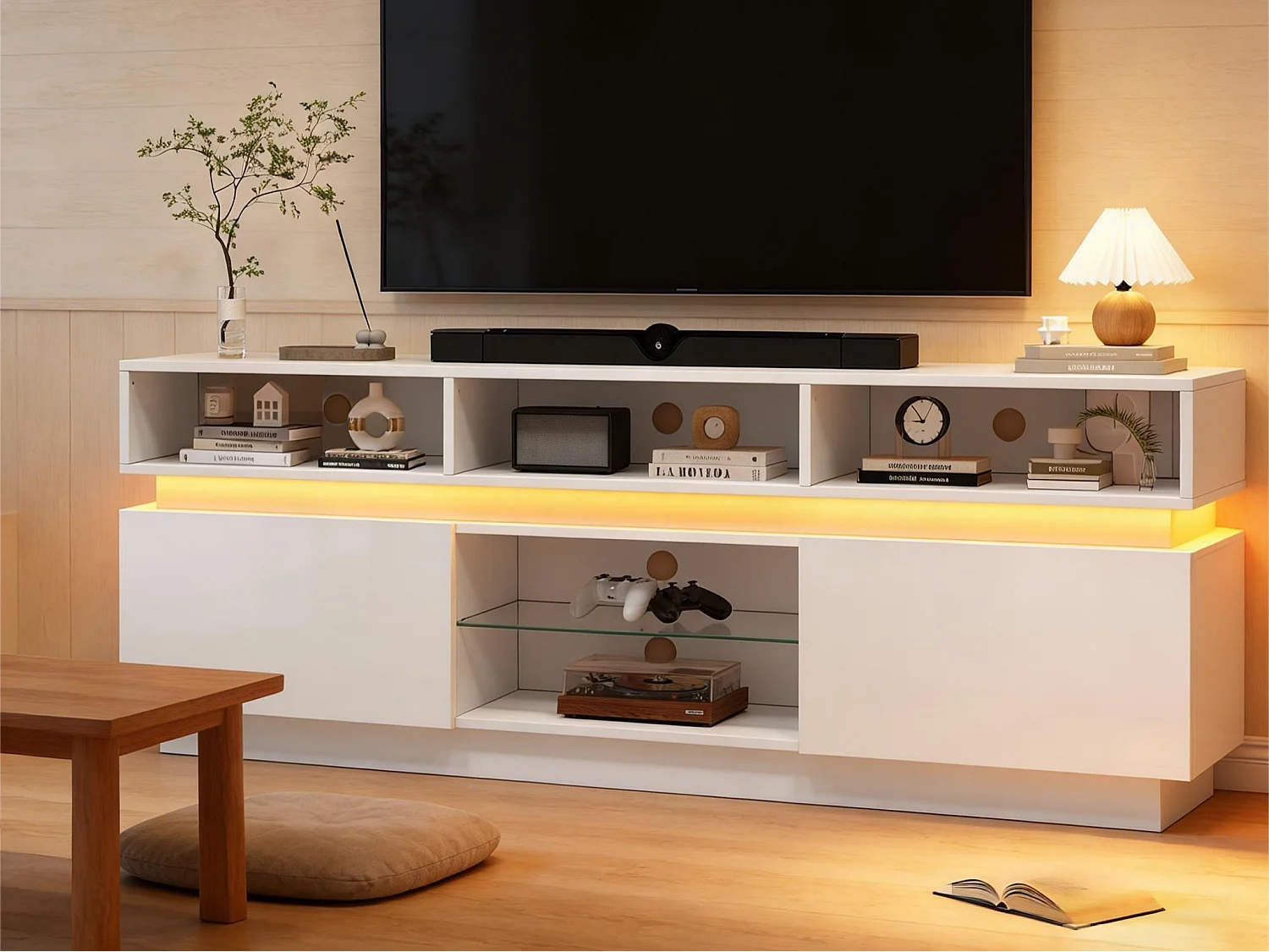 TV-Schrank 160x35x60cm mit LED-Beleuchtung - 2 Türen und Staufächer - Hochglanz-Finish - MDF - Weiß