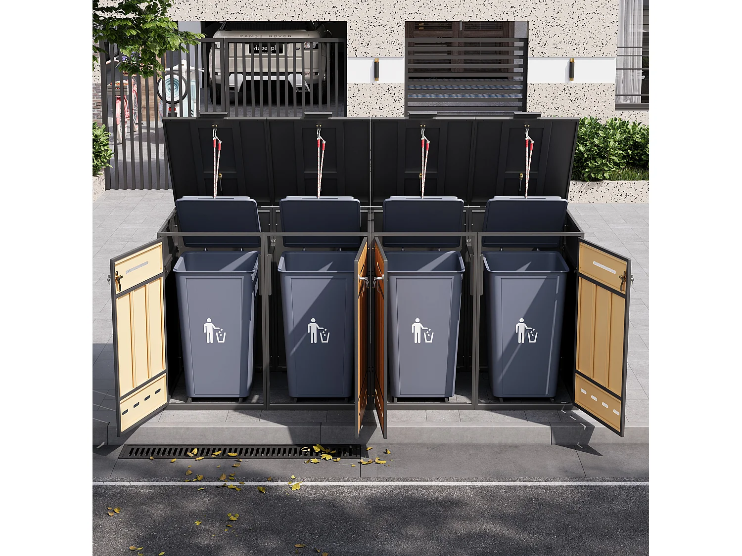 Opbergkast voor 4 vuilnisbakken (120-240 liter) - 2 x 132 x 84,5 x 118 cm - met ventilatiegaten + 4 deuren - metaal - grijs + natuur