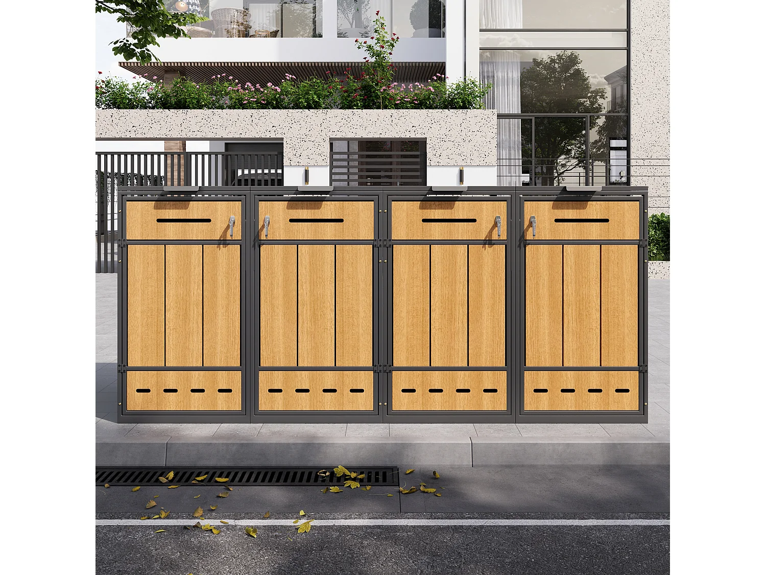 Opbergkast voor 4 vuilnisbakken (120-240 liter) - 2 x 132 x 84,5 x 118 cm - met ventilatiegaten + 4 deuren - metaal - grijs + natuur