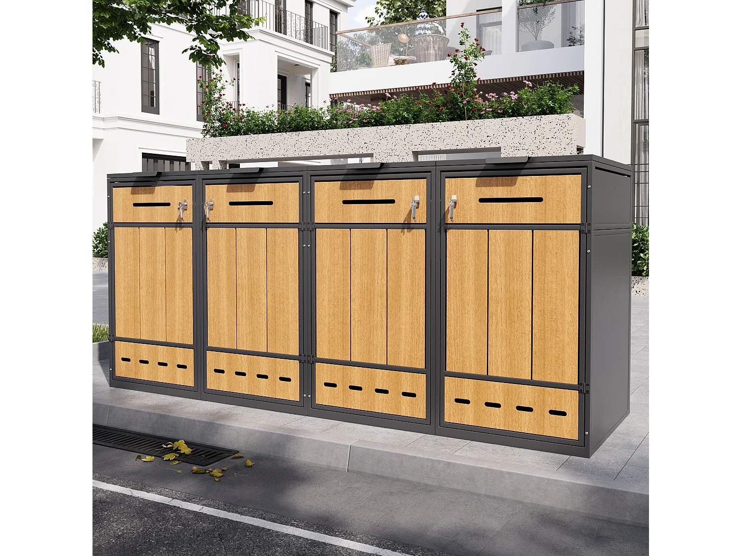 Opbergkast voor 4 vuilnisbakken (120-240 liter) - 2 x 132 x 84,5 x 118 cm - met ventilatiegaten + 4 deuren - metaal - grijs + natuur