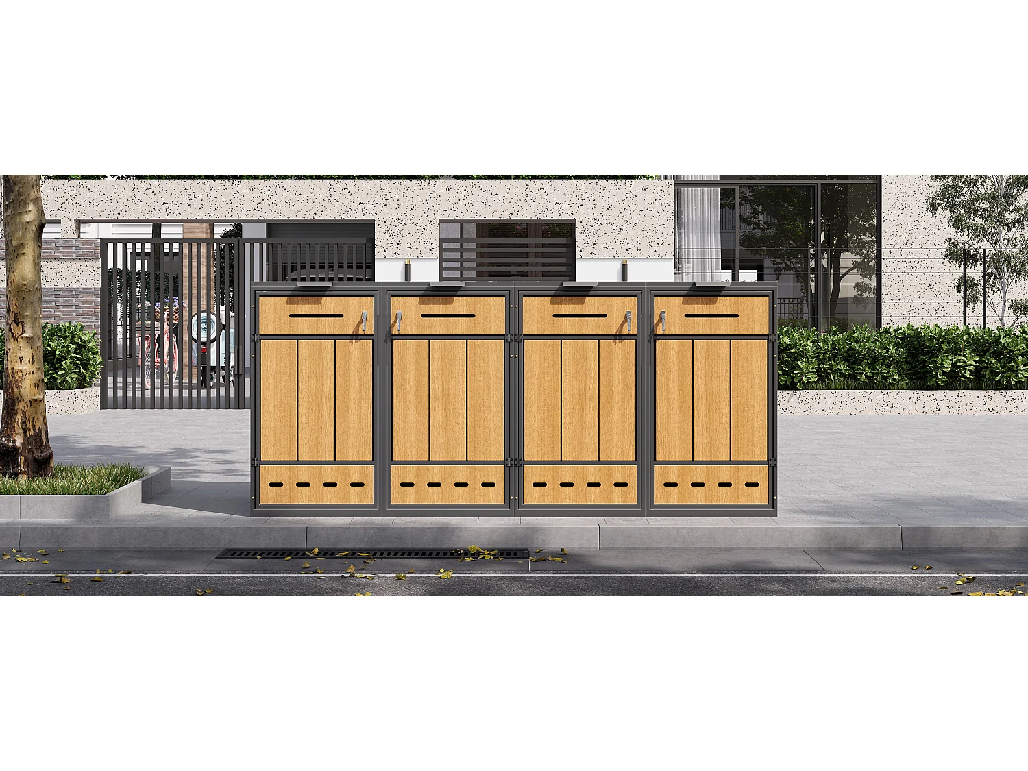 Opbergkast voor 4 vuilnisbakken (120-240 liter) - 2 x 132 x 84,5 x 118 cm - met ventilatiegaten + 4 deuren - metaal - grijs + natuur