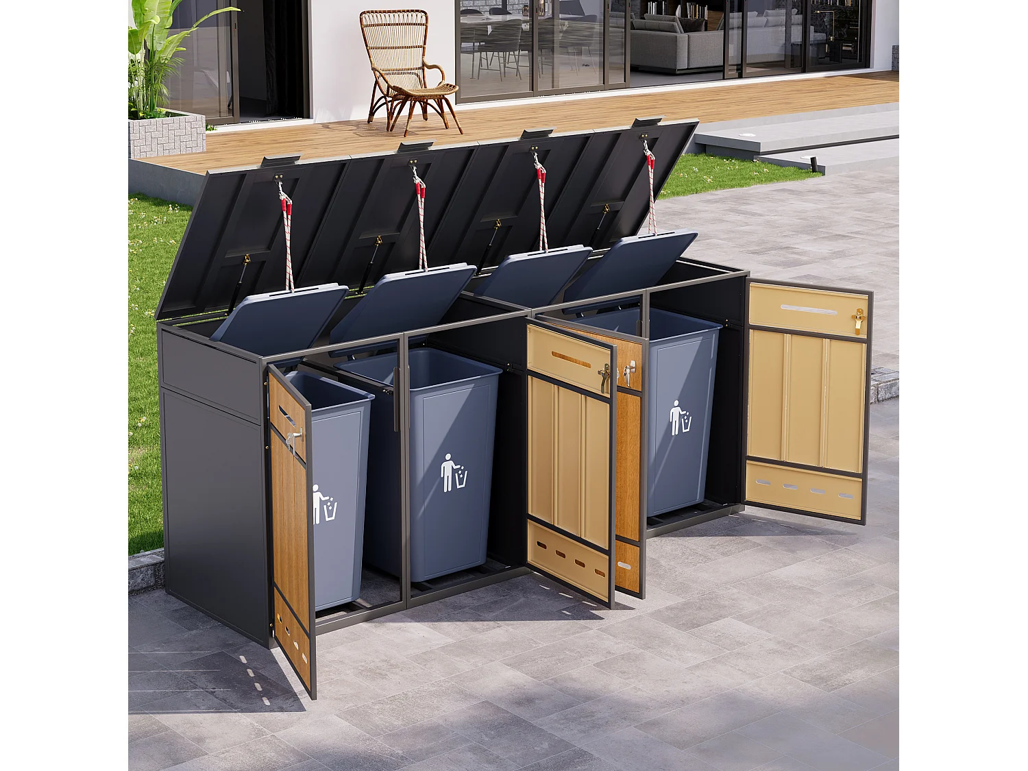 Opbergkast voor 4 vuilnisbakken (120-240 liter) - 2 x 132 x 84,5 x 118 cm - met ventilatiegaten + 4 deuren - metaal - grijs + natuur