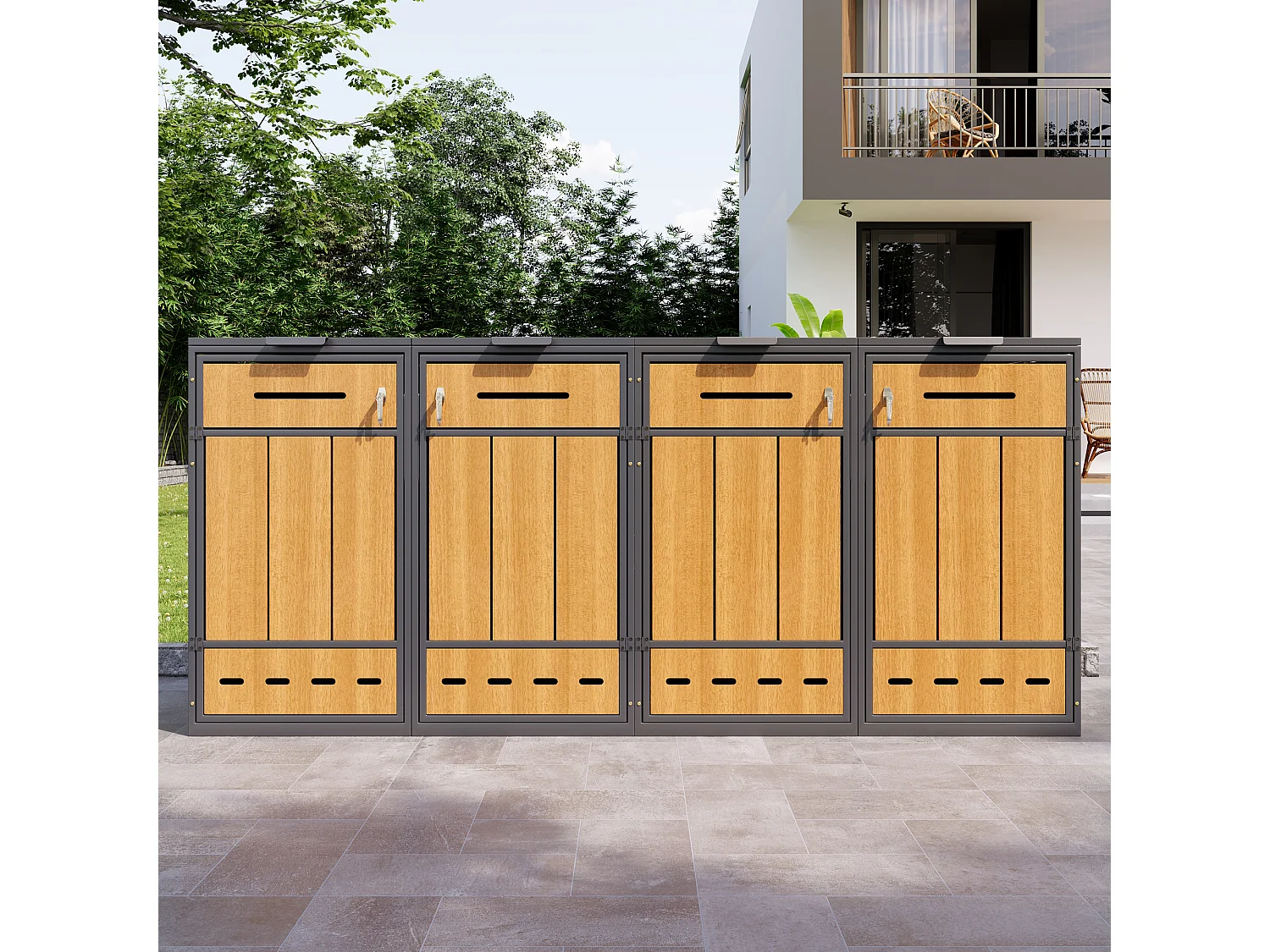 Opbergkast voor 4 vuilnisbakken (120-240 liter) - 2 x 132 x 84,5 x 118 cm - met ventilatiegaten + 4 deuren - metaal - grijs + natuur