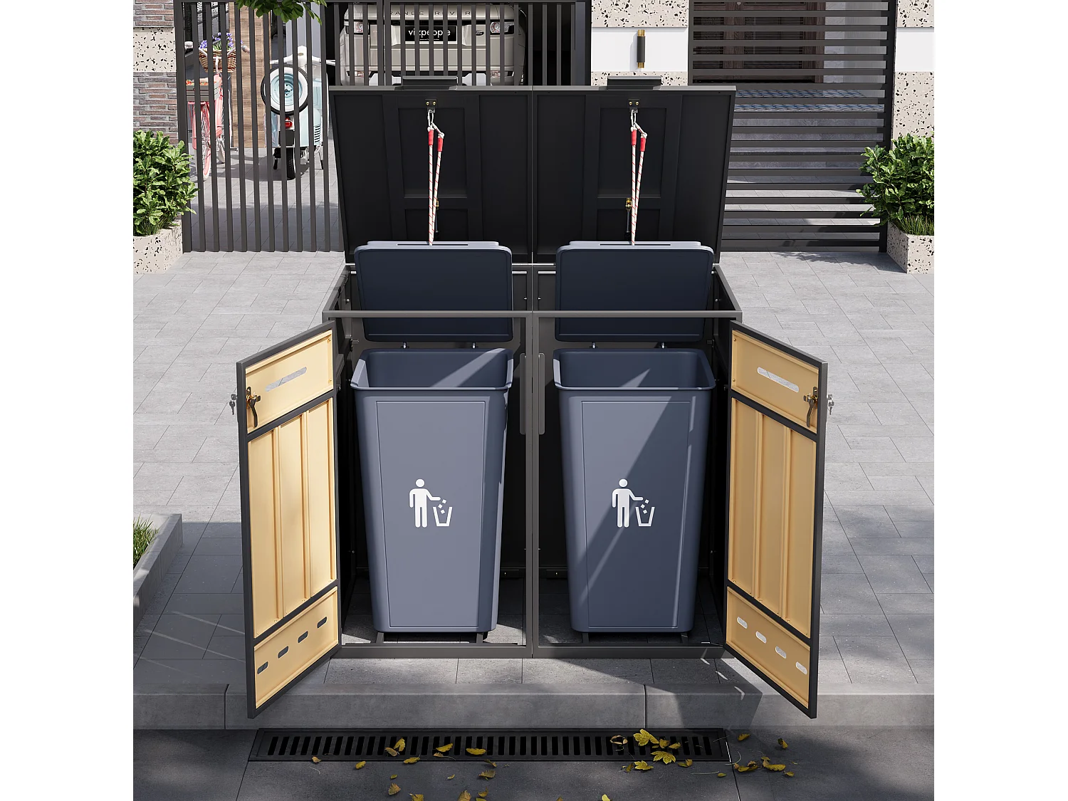 Opbergkast voor 2 vuilnisbakken (120-240 liter) - 132 x 84,5 x 118 cm - met ventilatiegaten + 2 deuren - metaal - grijs + natuur