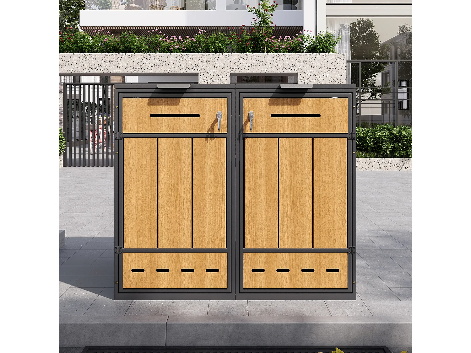 Opbergkast voor 2 vuilnisbakken (120-240 liter) - 132 x 84,5 x 118 cm - met ventilatiegaten + 2 deuren - metaal - grijs + natuur