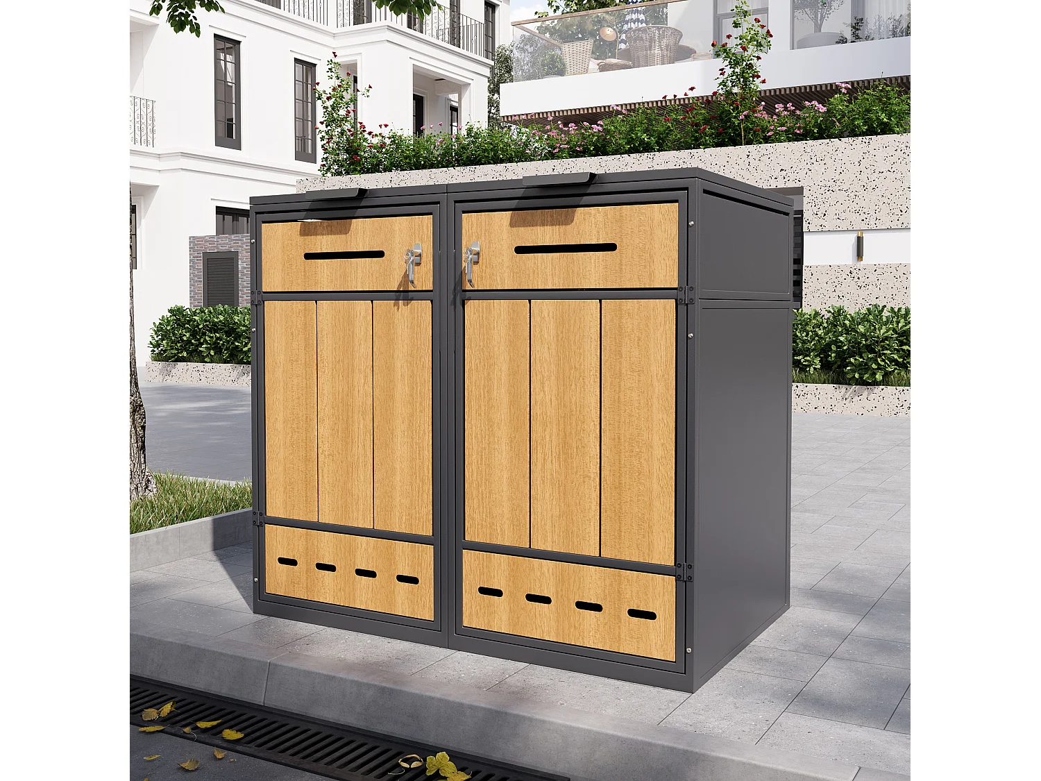 Opbergkast voor 2 vuilnisbakken (120-240 liter) - 132 x 84,5 x 118 cm - met ventilatiegaten + 2 deuren - metaal - grijs + natuur