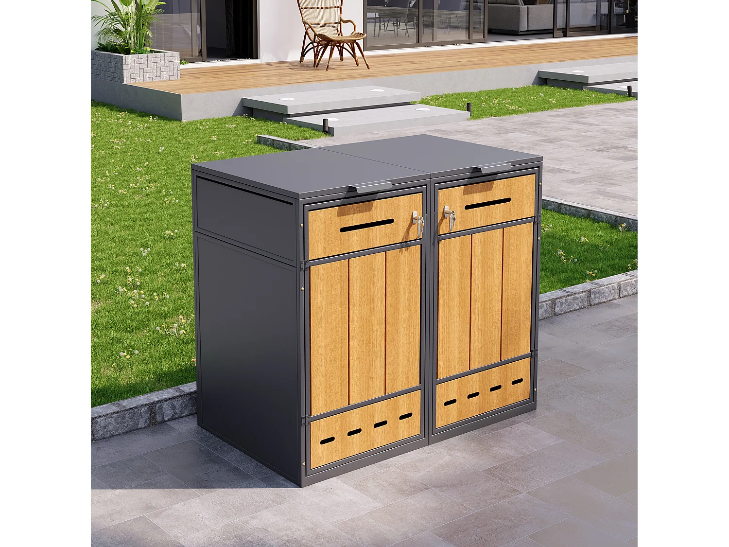 Opbergkast voor 2 vuilnisbakken (120-240 liter) - 132 x 84,5 x 118 cm - met ventilatiegaten + 2 deuren - metaal - grijs + natuur