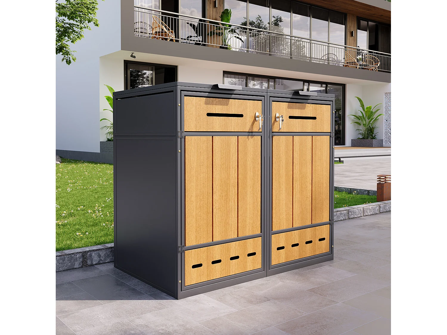 Opbergkast voor 2 vuilnisbakken (120-240 liter) - 132 x 84,5 x 118 cm - met ventilatiegaten + 2 deuren - metaal - grijs + natuur