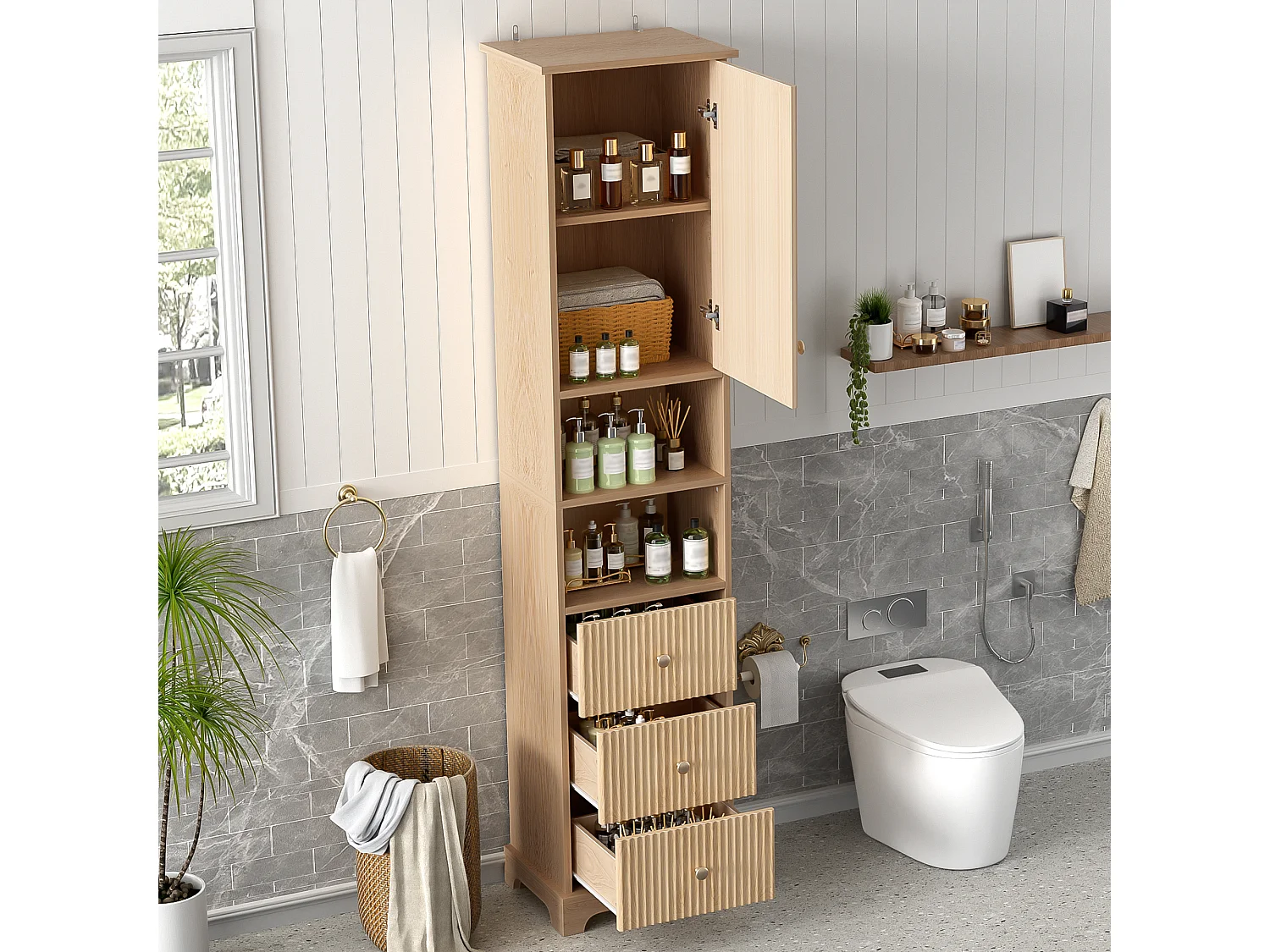 Meuble de salle de bain 40x30x172 cm - 3 tiroirs et 1 porte - étagères ouvertes - motif à rayures verticales - MDF - naturel