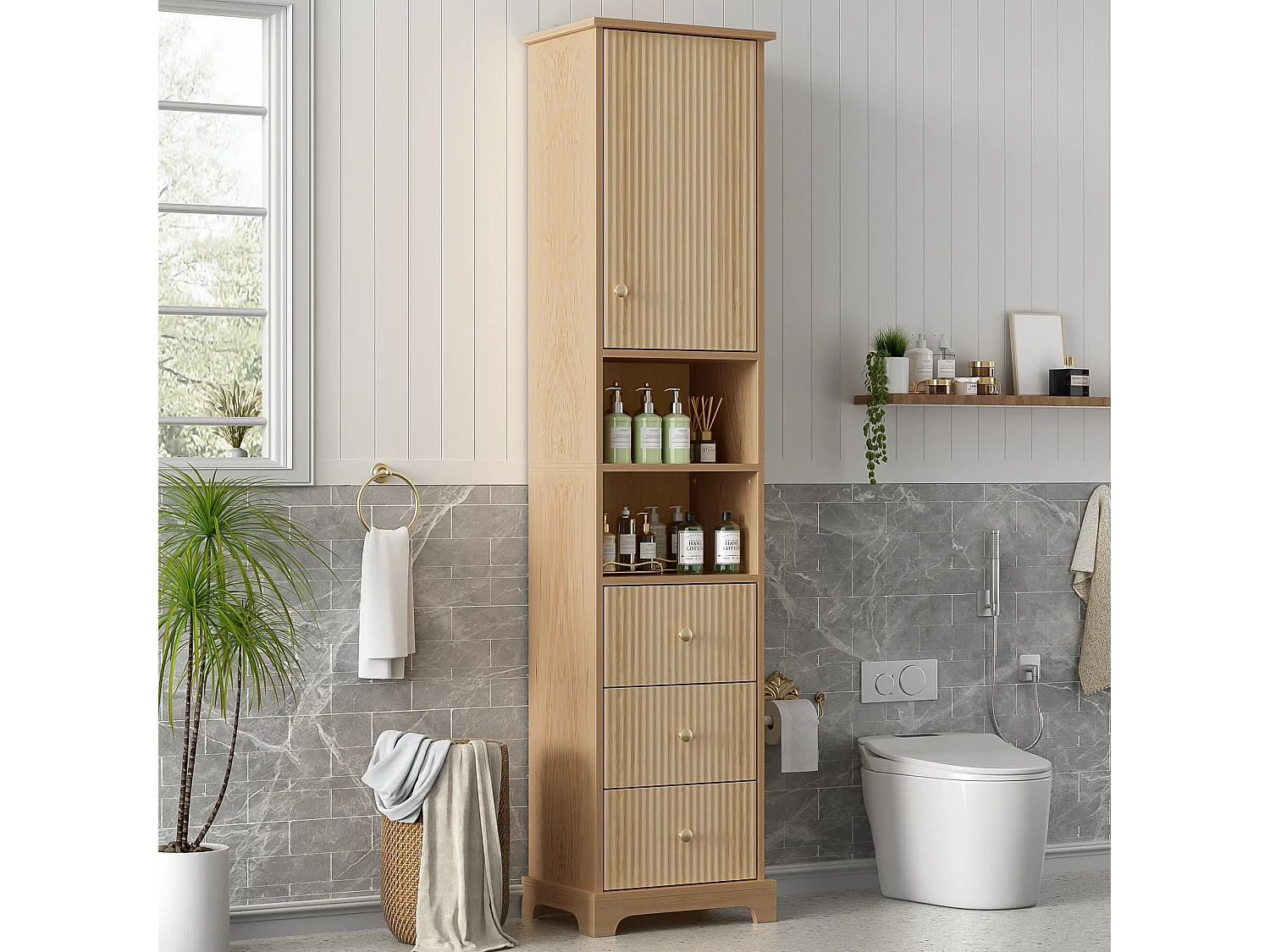 Meuble de salle de bain 40x30x172 cm - 3 tiroirs et 1 porte - étagères ouvertes - motif à rayures verticales - MDF - naturel