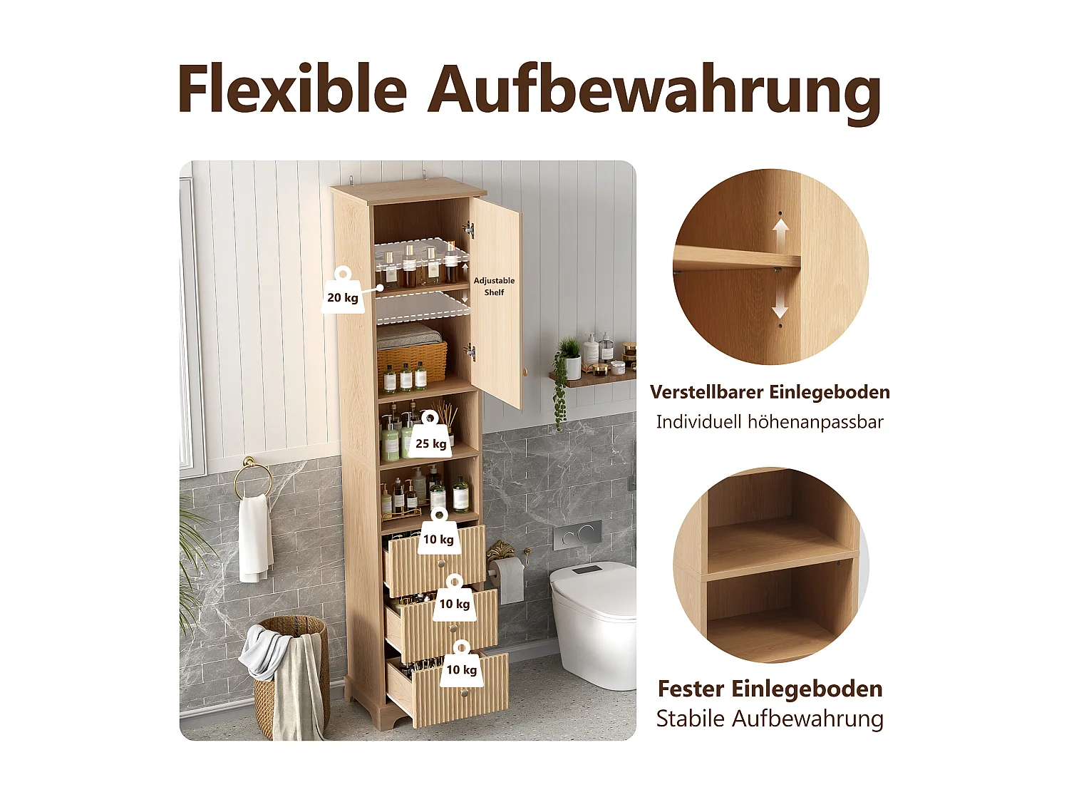 Meuble de salle de bain 40x30x172 cm - 3 tiroirs et 1 porte - étagères ouvertes - motif à rayures verticales - MDF - naturel