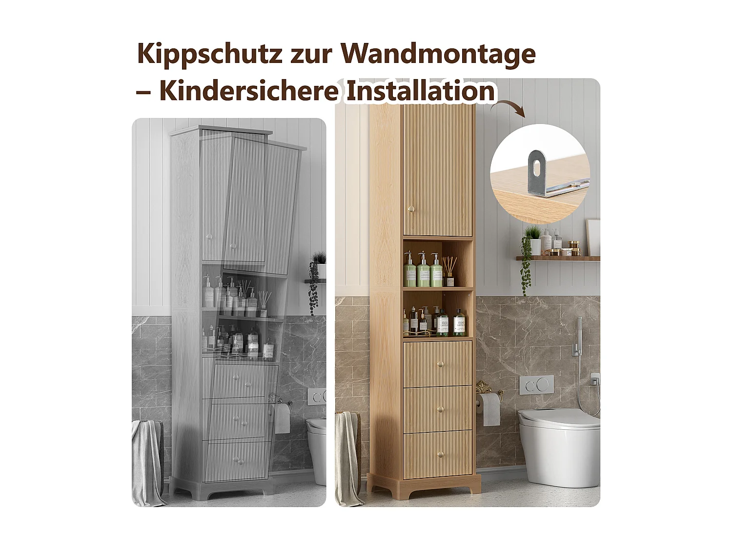 Meuble de salle de bain 40x30x172 cm - 3 tiroirs et 1 porte - étagères ouvertes - motif à rayures verticales - MDF - naturel