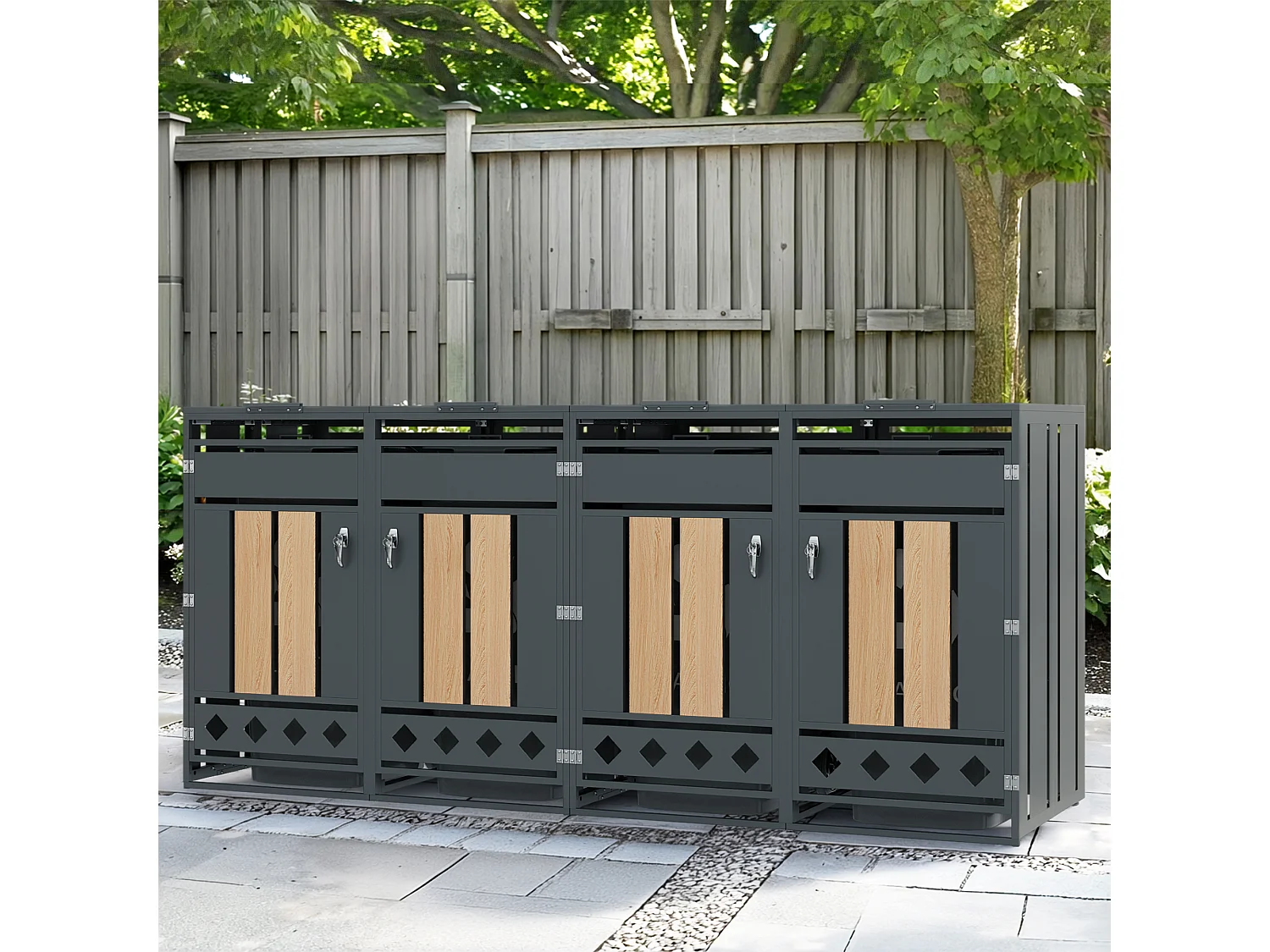 Opbergkast voor 4 tuinvuilnisbakken - 2 x 132 x 80 x 118,5 cm - met scharnierend deksel + vergrendelbaar + 4 deuren - metaal - grijs + natuur