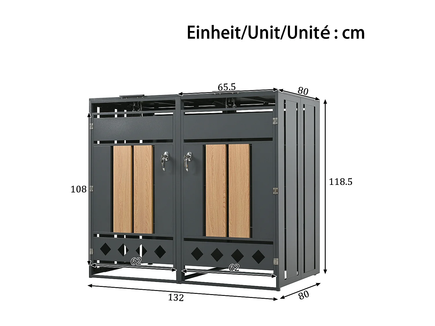 Opbergkast voor 4 tuinvuilnisbakken - 2 x 132 x 80 x 118,5 cm - met scharnierend deksel + vergrendelbaar + 4 deuren - metaal - grijs + natuur