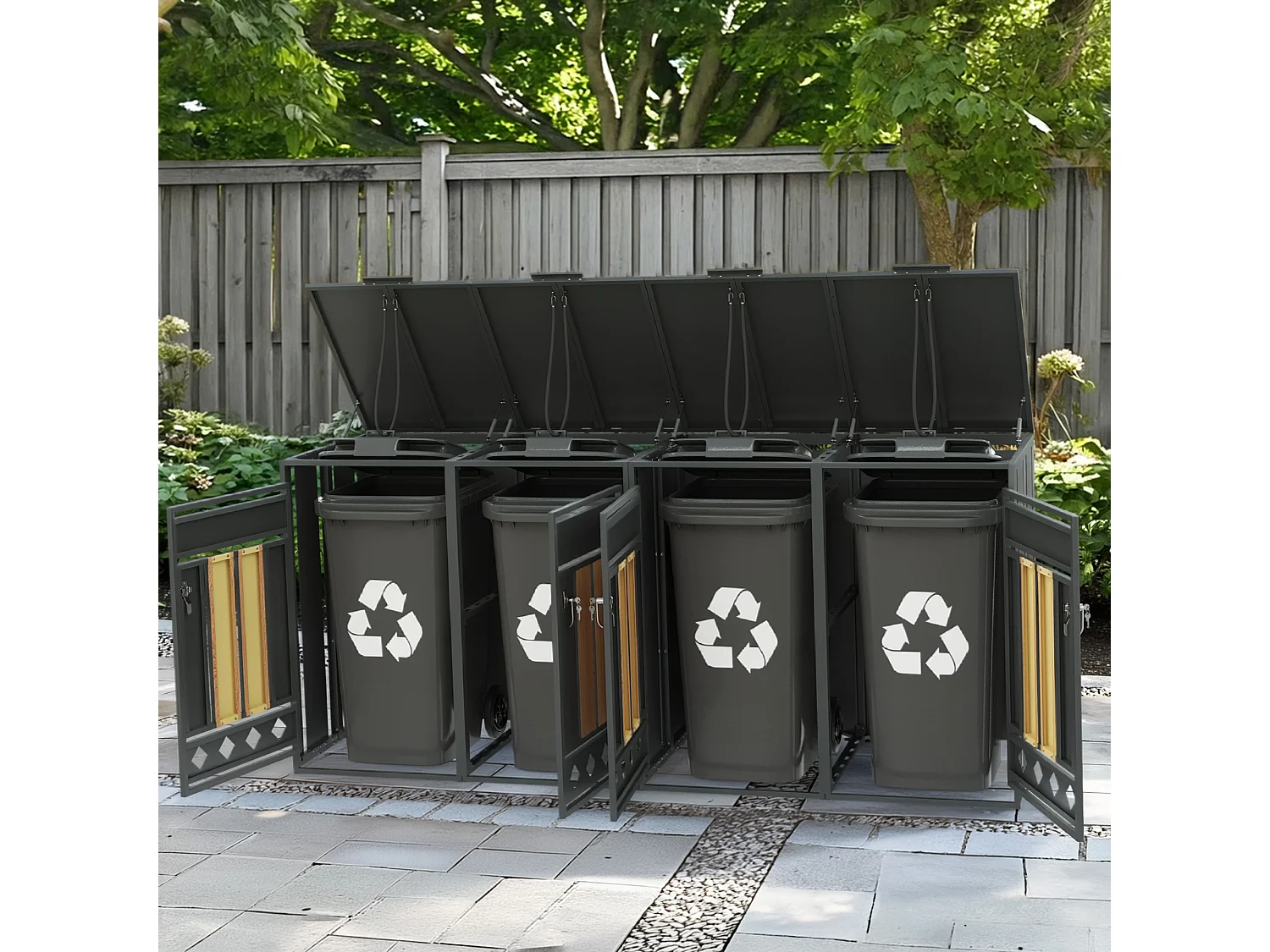 Opbergkast voor 4 tuinvuilnisbakken - 2 x 132 x 80 x 118,5 cm - met scharnierend deksel + vergrendelbaar + 4 deuren - metaal - grijs + natuur