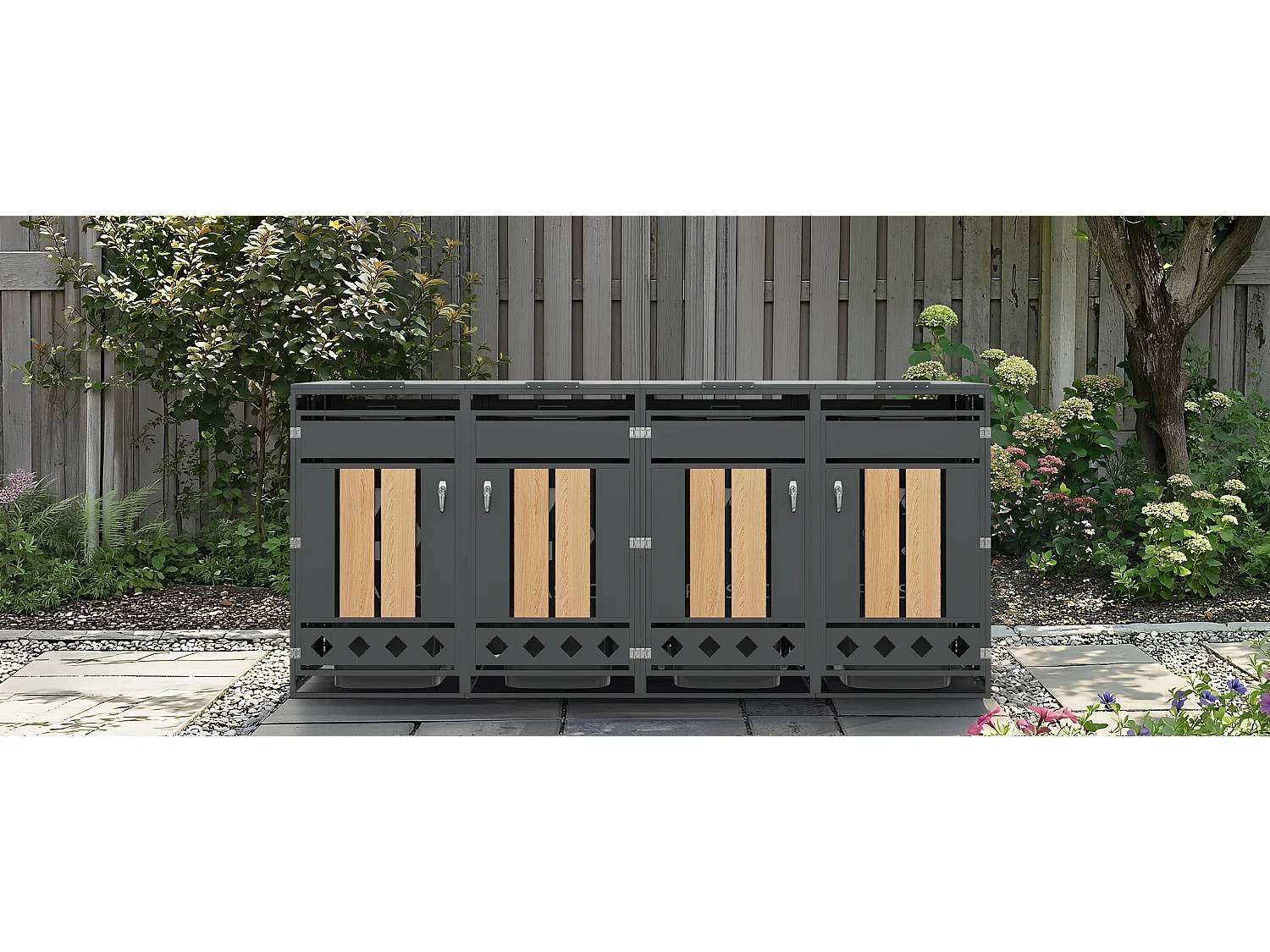 Opbergkast voor 4 tuinvuilnisbakken - 2 x 132 x 80 x 118,5 cm - met scharnierend deksel + vergrendelbaar + 4 deuren - metaal - grijs + natuur