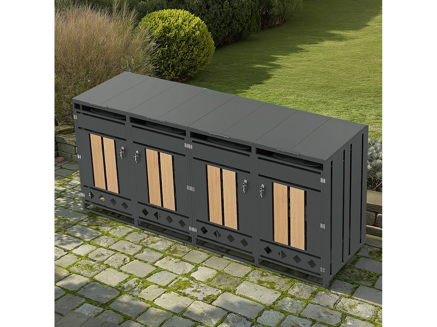 Opbergkast voor 4 tuinvuilnisbakken - 2 x 132 x 80 x 118,5 cm - met scharnierend deksel + vergrendelbaar + 4 deuren - metaal - grijs + natuur