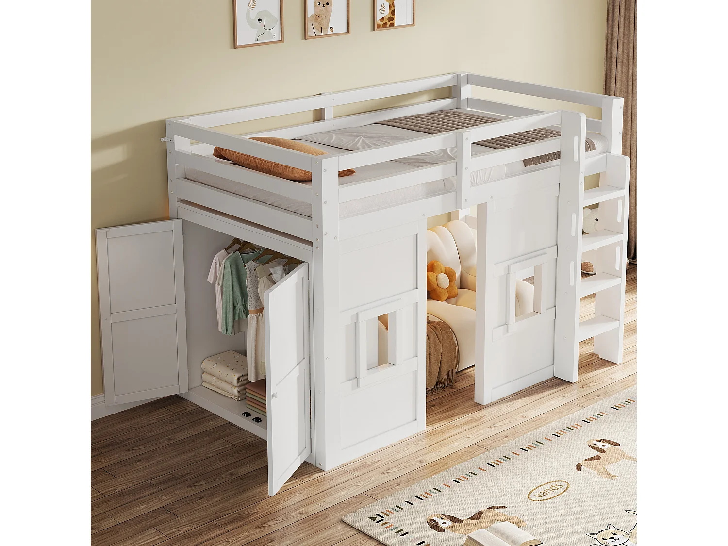 Cama mezanino de madeira 90x200 cm con iluminação LED - Armário integrado - Barreira de segurança e escada - MDF - Branco​ (sem colchão)