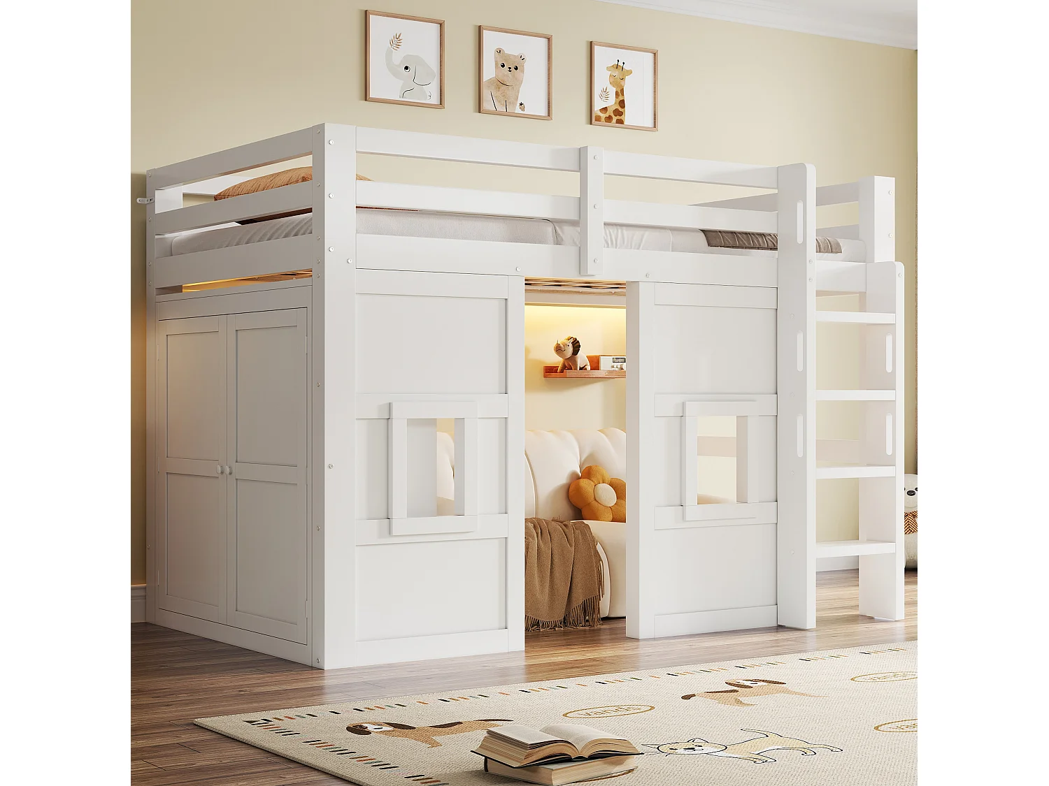 Cama mezanino de madeira 90x200 cm con iluminação LED - Armário integrado - Barreira de segurança e escada - MDF - Branco​ (sem colchão)