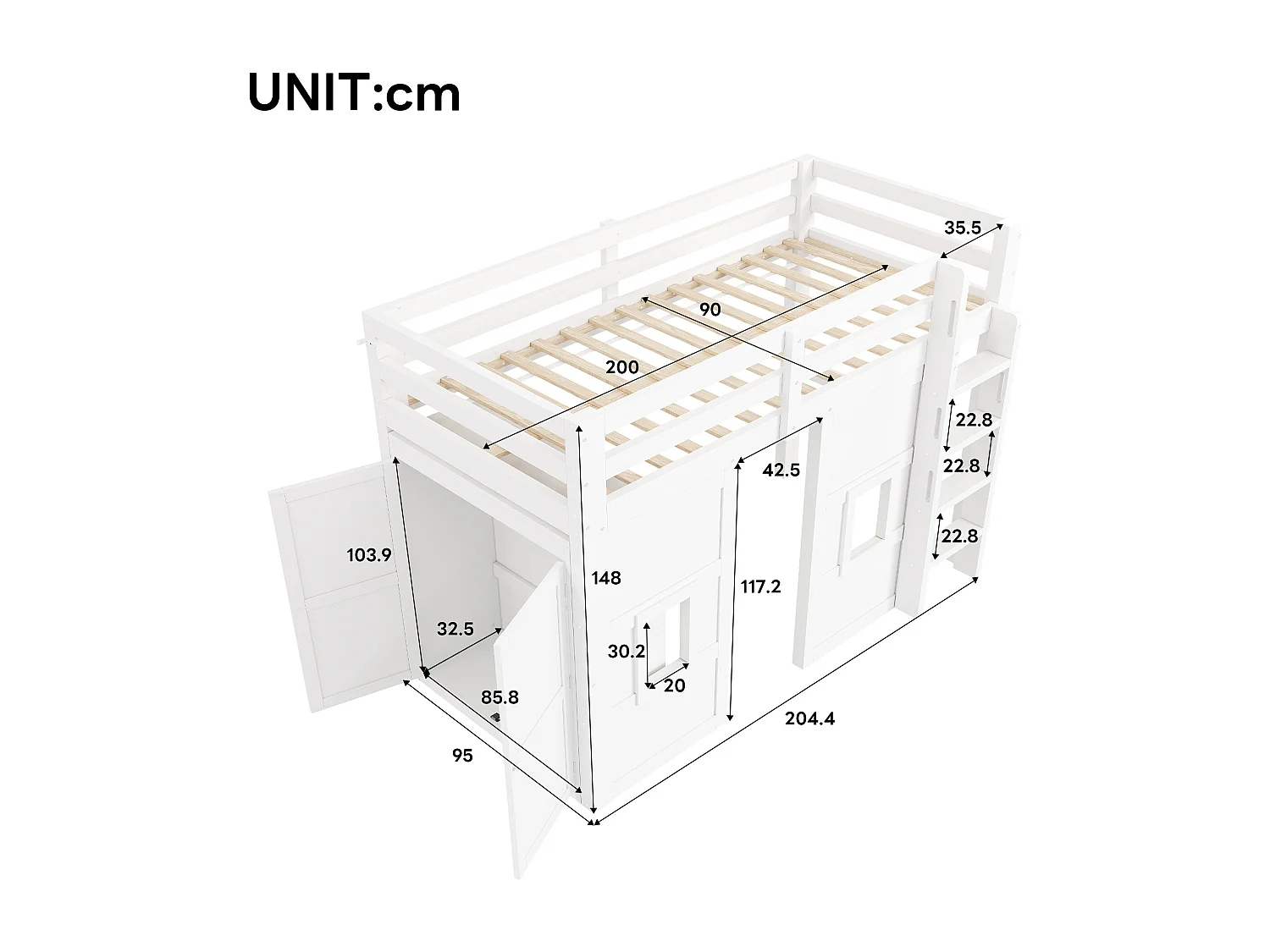 Cama mezanino de madeira 90x200 cm con iluminação LED - Armário integrado - Barreira de segurança e escada - MDF - Branco​ (sem colchão)