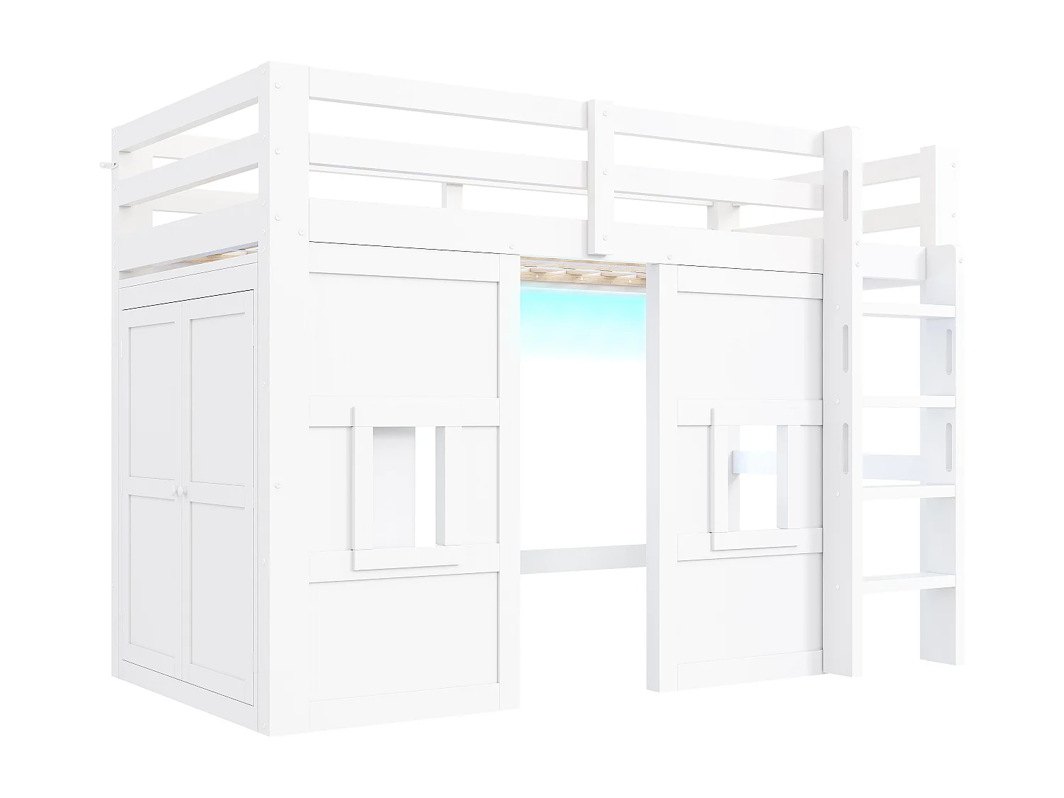 Cama mezanino de madeira 90x200 cm con iluminação LED - Armário integrado - Barreira de segurança e escada - MDF - Branco​ (sem colchão)