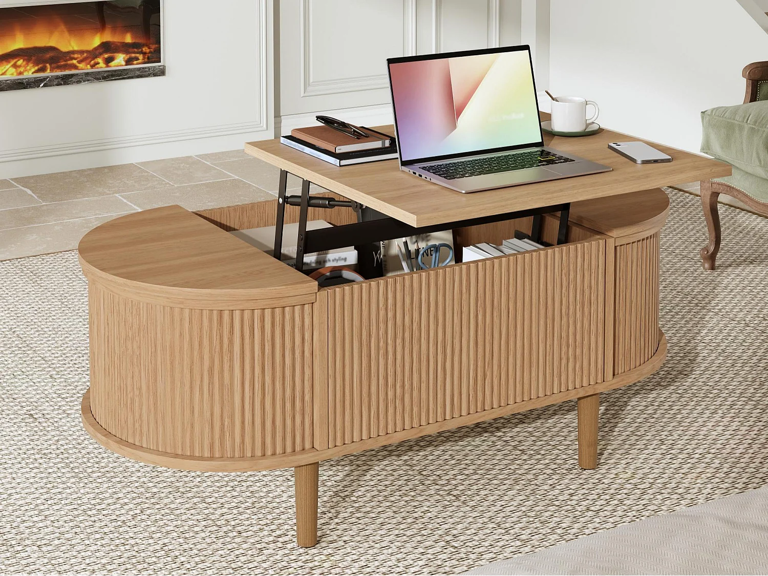 Höhenverstellbarer ovaler Beistelltisch 100x48x53,5 cm - Vintage-Stil - Stauraumtisch - MDF - Natur