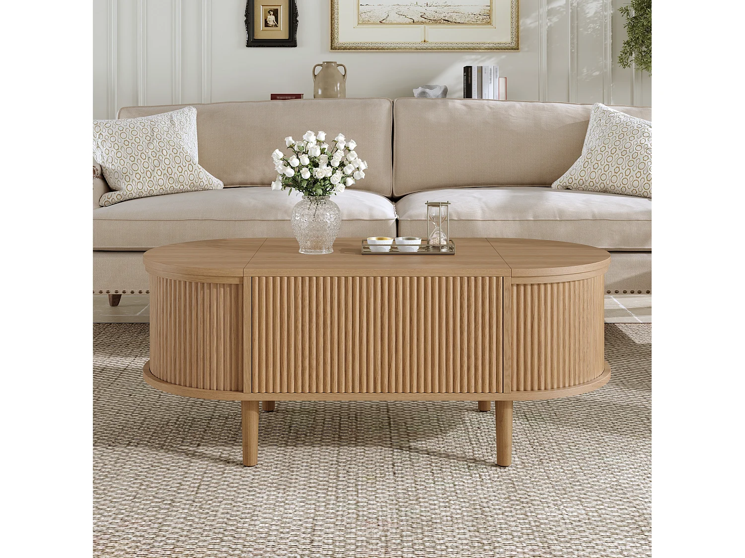 Höhenverstellbarer ovaler Beistelltisch 100x48x53,5 cm - Vintage-Stil - Stauraumtisch - MDF - Natur