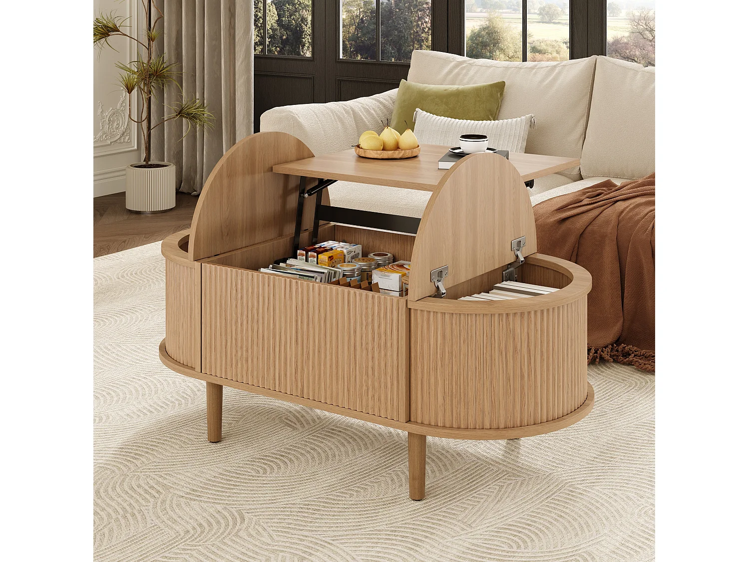 Höhenverstellbarer ovaler Beistelltisch 100x48x53,5 cm - Vintage-Stil - Stauraumtisch - MDF - Natur