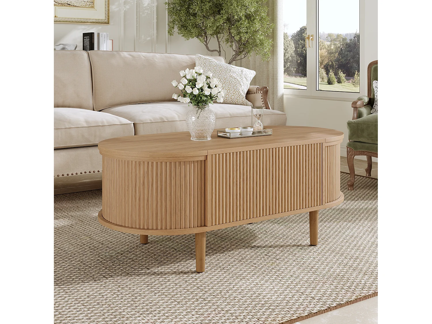 Höhenverstellbarer ovaler Beistelltisch 100x48x53,5 cm - Vintage-Stil - Stauraumtisch - MDF - Natur