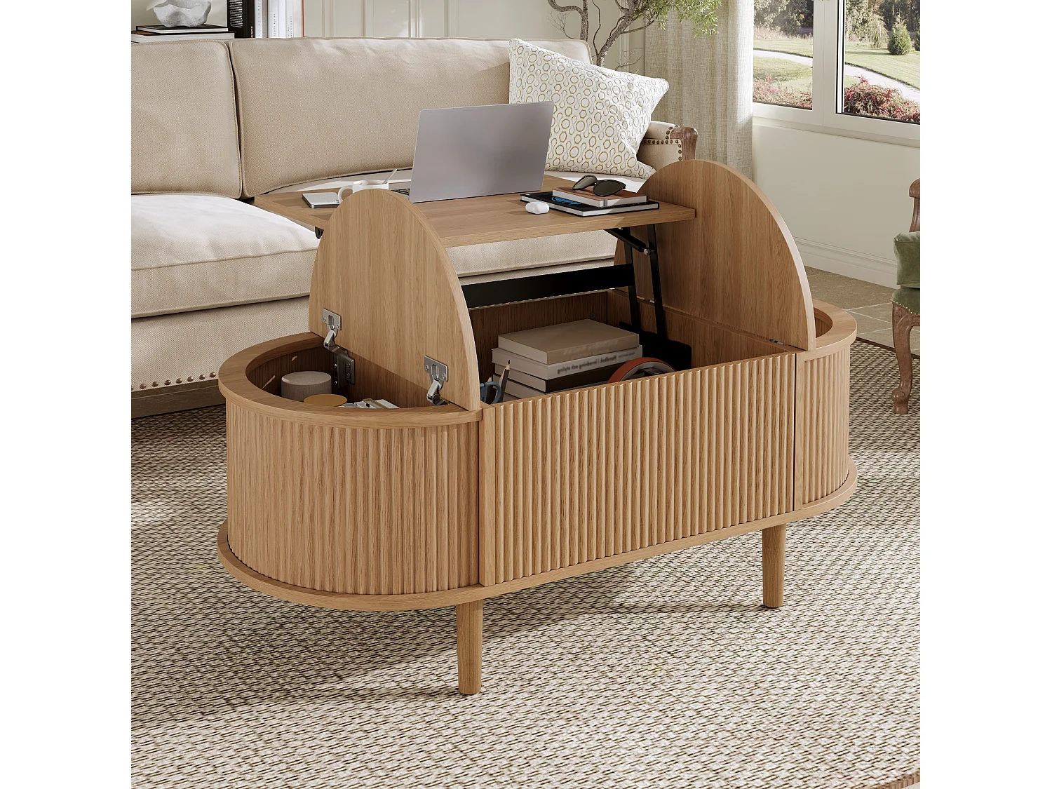 Höhenverstellbarer ovaler Beistelltisch 100x48x53,5 cm - Vintage-Stil - Stauraumtisch - MDF - Natur