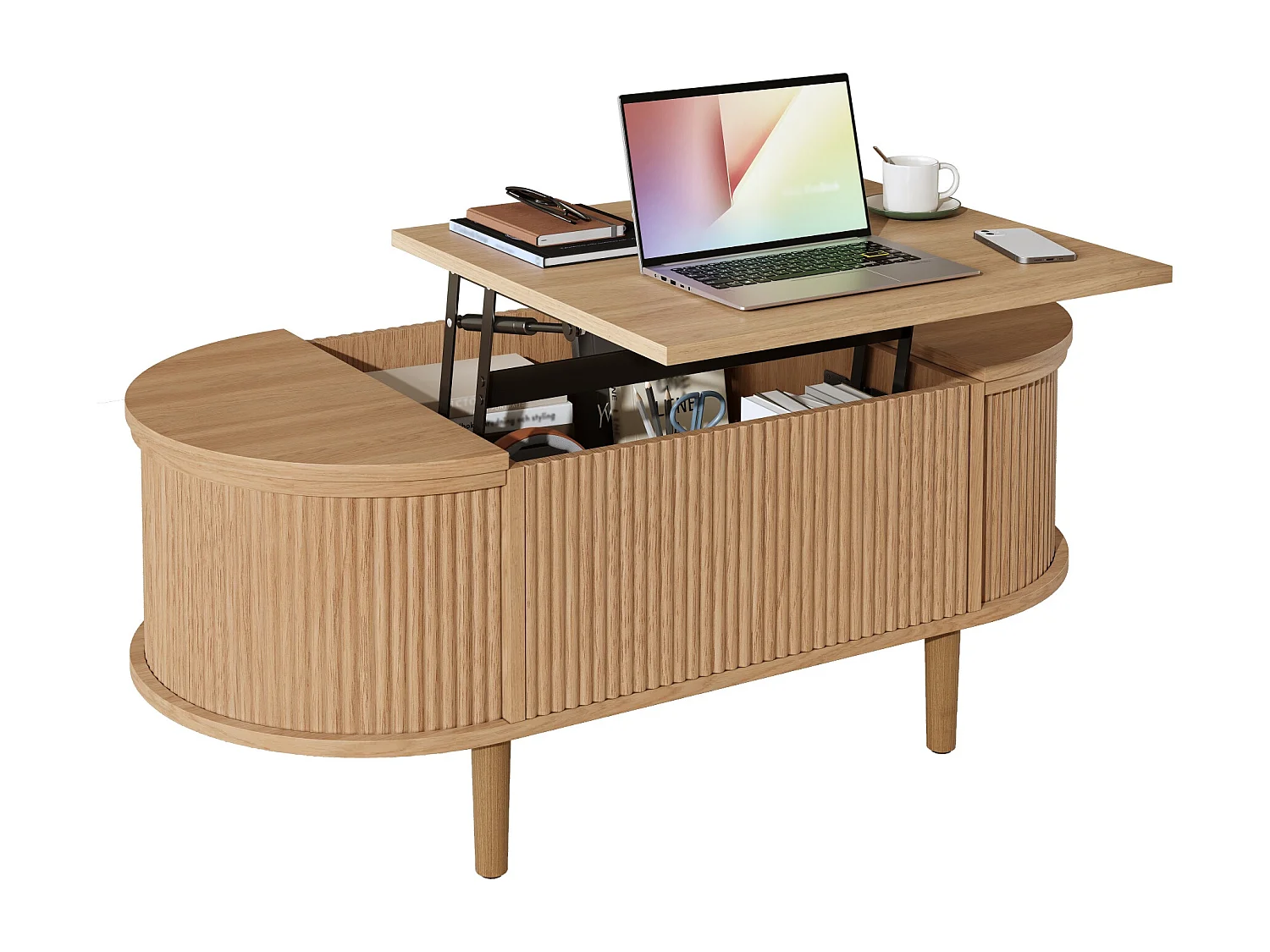 Höhenverstellbarer ovaler Beistelltisch 100x48x53,5 cm - Vintage-Stil - Stauraumtisch - MDF - Natur