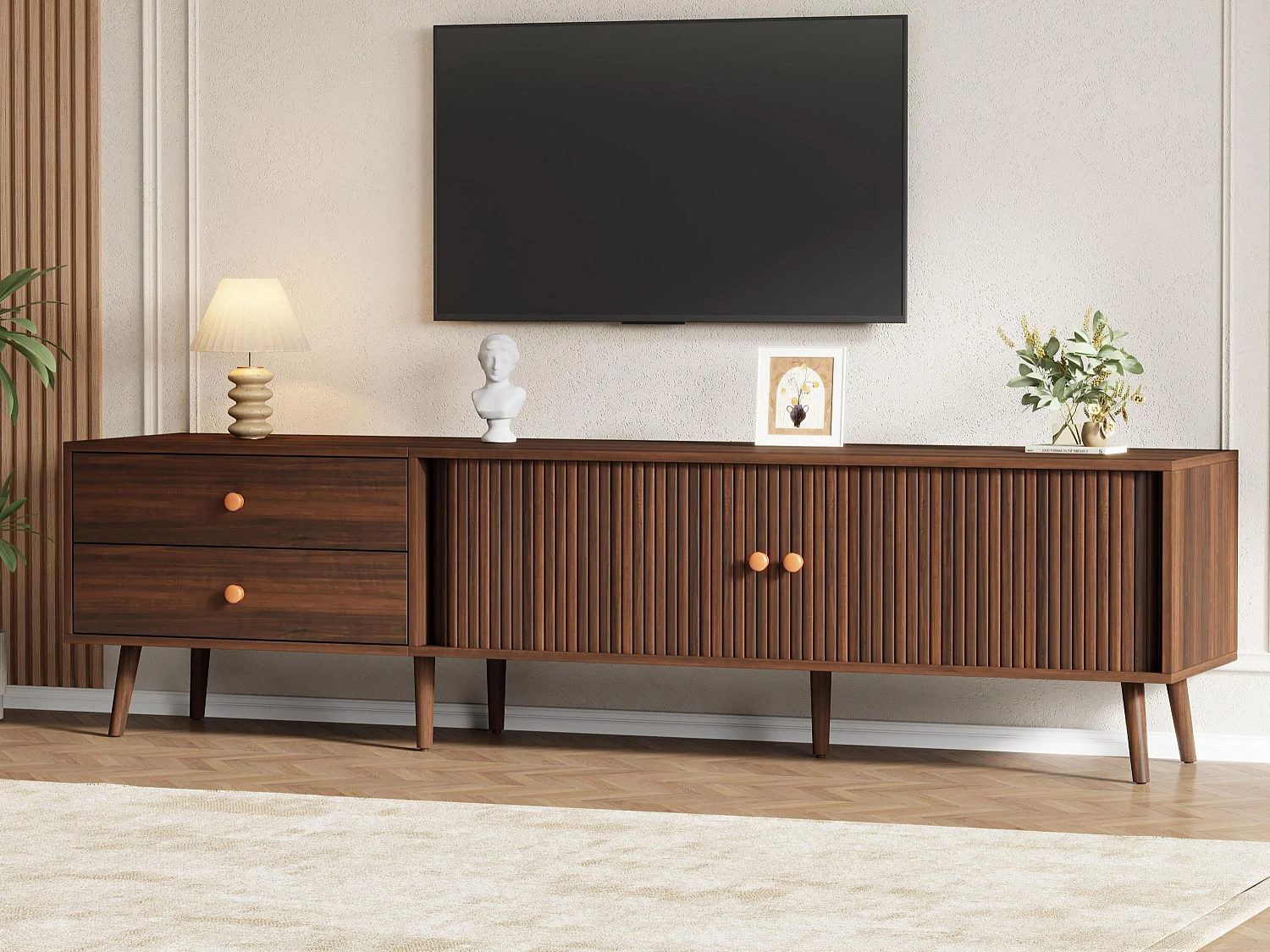 TV-Schrank 180x40x46,5 cm - 2 Schubladen und 2 Schiebetüren - Kompatibel mit Fernsehern bis 80 Zoll - MDF - Braun