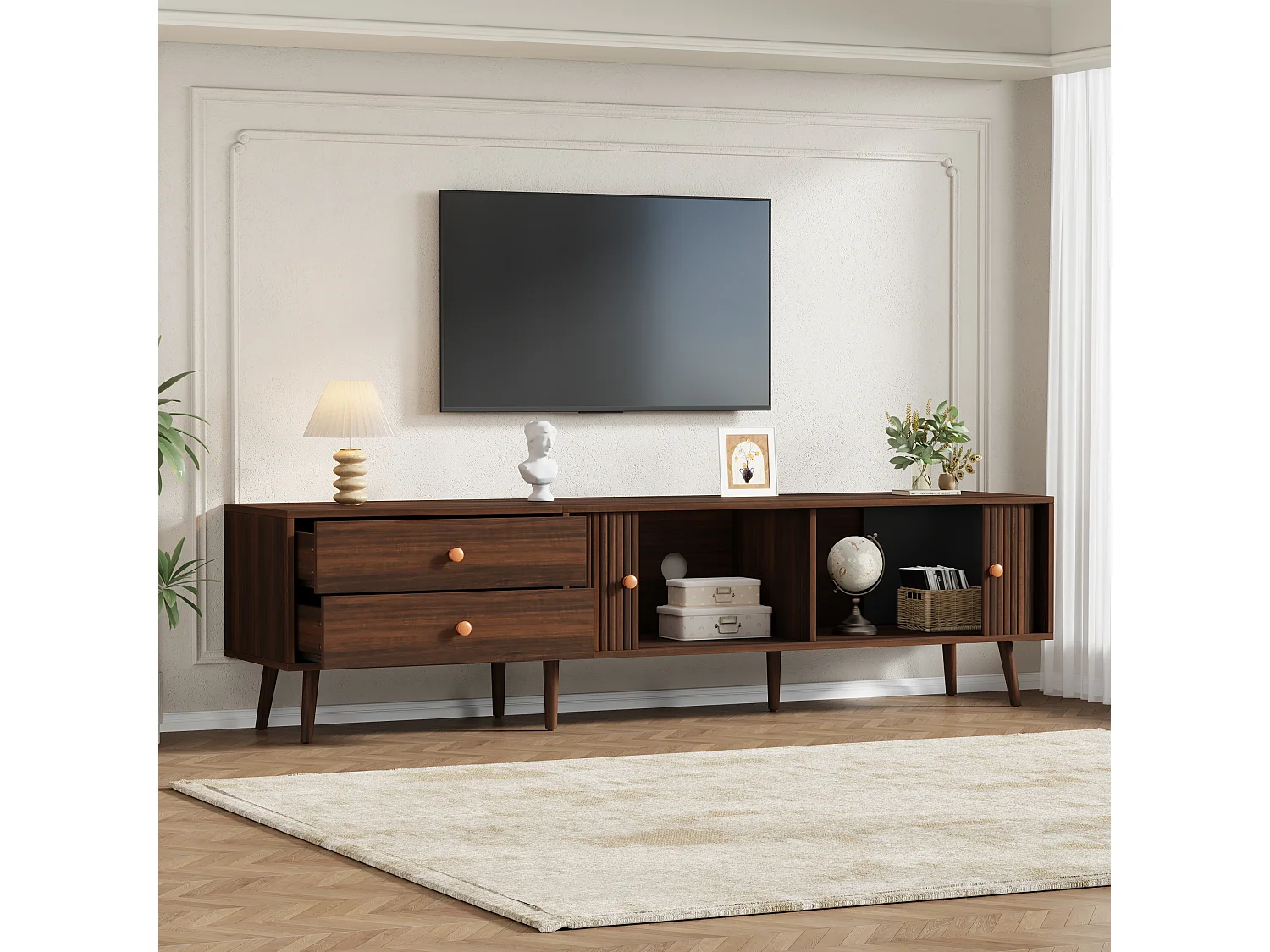 TV-Schrank 180x40x46,5 cm - 2 Schubladen und 2 Schiebetüren - Kompatibel mit Fernsehern bis 80 Zoll - MDF - Braun